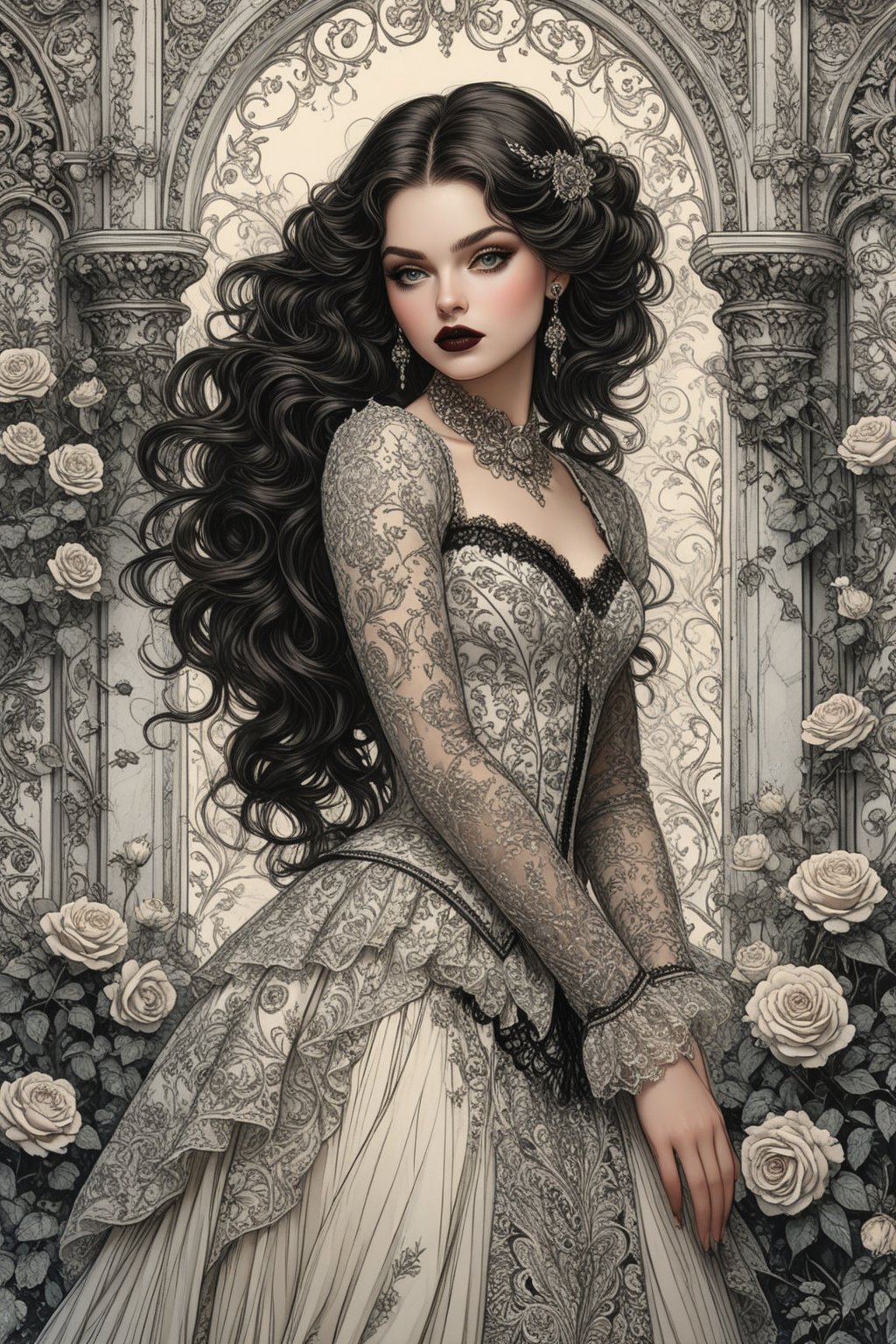 ((extremely perfect detailed art:1.9)), Masterpiece, HD, 16K, A captivating minimalist illustration of a 18-year-old beauty. (gothic beauty, chiffon ivory gown, ivory tulle, black ornate motifs threads, pattern of black lace, sparkling lace, gems, beautiful full black lips, eye drawing, tuxedo eyes, long fluffy lashes, big layered black hair, large curls on long hair), the tights with sparkling lace. ((midjorney style face:1.9)), ((detailed flux type face:1.9)), bohemian, delicate image, hyper-detailing, aesthetic, good soft illuminated, photorealistic line ink art),

score_9, score_8_up, score_7_up, ginger woman, 3/4 body shot, character concept art of a beautiful woman leaning over, falling off her shoulder, comic book art, rough colored sketch, innocent, (depth of field), (fine textures details), (best fashion dynamic standing pose:1.9), (standing maximum away:1.9), (black ink line art), spirals and swirls in rococo style, perfect symmetry, symmetrical, large motifs, ((the only one solo main heroine standing away in all human height)), (standing maximum away in marble castle open balcony:1.9),

 ((gaze directed at viewer, looking_at_camera)), (the only one solo main heroine:1.9), (standing maximum away with all human height:1.9), (best fashion dynamic standing pose:1.9), (standing maximum away:1.9), (black ink line art), spirals and swirls in rococo style, perfect symmetry, symmetrical, large motifs, (standing maximum away in marble castle:1.9), garden roses, lanky