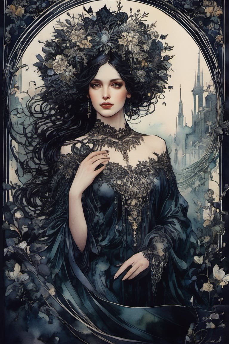 ((extremely detailed)), CoG_v2, (dark moody watercolor:1.8), European ink illustration, ((watercolor)), (natural detailed long hair), " I've been much too far out all my life and not waving but drowning". Gustave Doré, Jasmine Becket-Griffith, freedom, full body, (line art), particles, concept art,mysterious , nightmarish dreamlike, perfect anatomy, great realistic features, perfect detailed hands fingers, (detailed, detailed florals, crystals, minerals, perfect detailed jewelry, crystal jewellery), masterpiece, pure perfection , sharp focus, Decora_SWstyle,ink, (art nouveau:1.9), fflixmj6, (baby_face), (one upper body), (half visible puffy sleeves), (marble ombre background), (baby face woman, young lady:1.9),  (gothic style), (victorian style), ((luxury European apartments from barocco era)), (v_shape_face), (dark background behind women), (modern design dress)