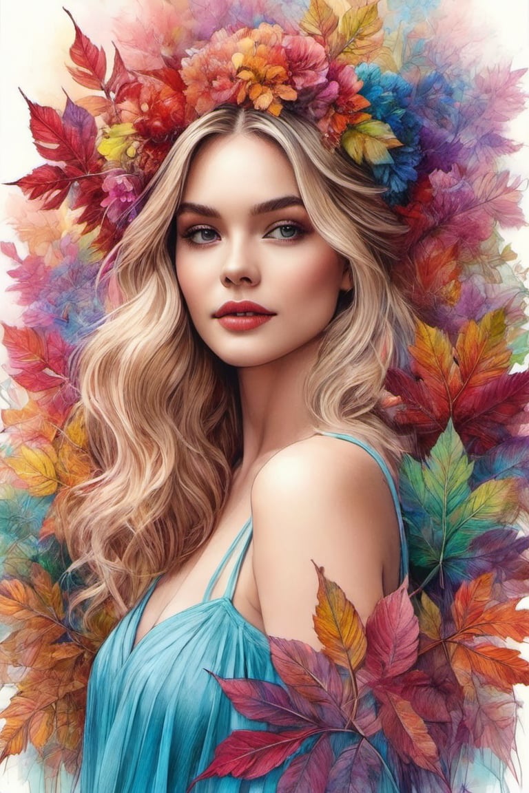 (Extremely detailed ), (every detail in perfect sharp focus), (masterpiece), (stunningly soft light evenly illuminating the entire face and body), ((extremely perfect detailed)), Masterpiece, HD, 16K, A captivating minimalist illustration of a 20-year-old blonde beauty. ((A painting in shades of mauve, lace gown and elaborate floral wreath)), (((airbrush art by Yoji Shinkawa:1.9))) Layered tulle gown with sparkling lace, ((standing between multicoloured ombre autumn rowan leaves branches)), ink art,line art illustration, ((the main heroine standing away in all human height between many rowan leaves)), standing away, Burgundy, (by Greg Manchess and Miles Aldridge), (extremely detailed are colorful linen pastel flamenco lace dress gown), (ombre multicoloured leafs:1.9)), (pattern of ombre multicoloured leafs:1.9))