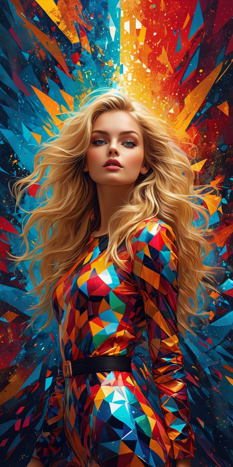 ((extremely perfect detailed)), Masterpiece, HD, 16K, A captivating minimalist illustration of a 20-year-old blonde beauty. A provocative image of a woman with tousled hair and a daring outfit, posed against a vibrant, abstract mosaic pattern, highlighted by fractal elements. ((the only one solo main heroine standing away in all human height)), (solo:1.9), , ((the only one solo main heroine standing away in all human height)), ((looking_at_camera)). (perfect fashion dynamic standing pose), multicolor