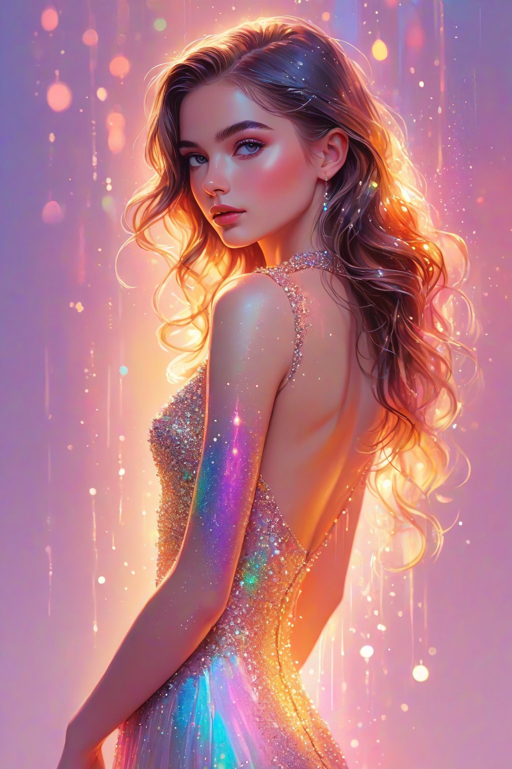 ((extremely detailed:1.9)), ((extremaly right female body proportions:1.9)). Masterpiece, HD, 16K, A captivating minimalist illustration of a 18-year-old beauty, luminous evening dress design, pastel colours, ink drips multicolor background, autumn lights, looking over shoulder pose, shiny, glitter. half turn body, looking over shoulder pose