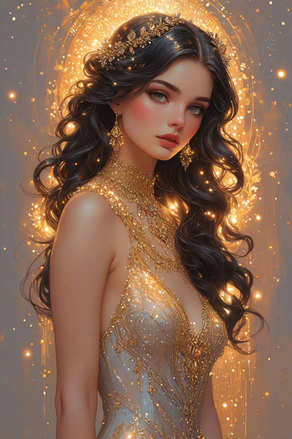 ((extremely detailed:1.9)), ((extremaly right female body proportions:1.9)). Masterpiece, HD, 16K, A captivating minimalist illustration of a 18-year-old beauty, luminous evening dress design, pastel colours, ink drips multicolor background, autumn lights, looking over shoulder pose, shiny, glitter. half turn body, looking over shoulder pose. (((extremely detailed:1.9)), ((extremely right perfect female upper body proportion:1.9)). Masterpiece, HD, 16K, A captivating minimalist illustration of a 18-year-old beauty. (gothic beauty, push up busty, black and gold, beads chiffon gown, ornate motifs beads threads, pattern of beads lace, beads sparkling lace, gems, beautiful full black lips, eye drawing, tuxedo eyes, long fluffy lashes, big layered black hair, large curls on long hair), beads wreath in hair, beads threads on hair, the tights with sparkling lace, ((midjorney style face:1.9)), ((detailed flux type face:1.9)), bohemian, delicate image, hyper-detailing, aesthetic, good soft illuminated, photorealistic line ink art, (crystals, gems, gold dust bokeh), ((gaze directed at viewer, looking_at_camera)), (the only one solo main heroine:1.9), (standing maximum away with all human height:1.9), (best fashion dynamic standing pose:1.9), (standing maximum away:1.9), ((black ink line art)), ((stand under fresk ornate motifs wall)), bright. ((black gold background)), (gold frame of art nouveau), (art nouveau background), (sensetive, tender, goddess, artistic pose, elegant dynamic standing pose), ((away upper body)), ((photorealistic detailed face)), shiny, glitter. half turn body, looking over shoulder pose.