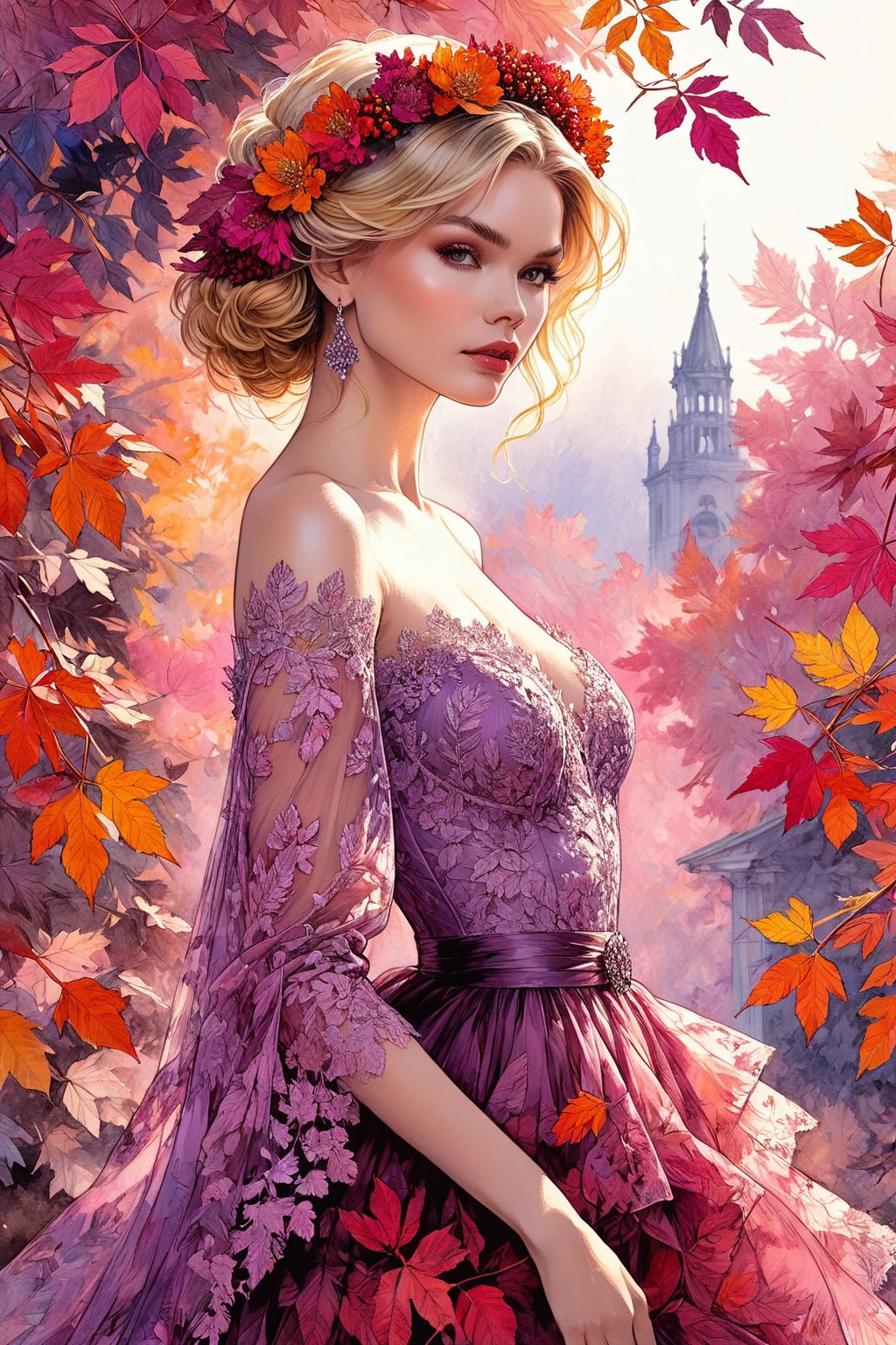 (Extremely detailed ), (every detail in perfect sharp focus), (masterpiece), (stunningly soft light evenly illuminating the entire face and body), ((extremely perfect detailed)), Masterpiece, HD, 16K, A captivating minimalist illustration of a 20-year-old blonde beauty. ((A painting in shades of mauve, lace gown and elaborate floral wreath)), (((airbrush art by Yoji Shinkawa:1.9))) Layered tulle gown with sparkling lace, ((standing between multicoloured ombre autumn rowan leaves branches)), ink art,line art illustration, ((the main heroine standing away in all human height between many rowan leaves)), standing away, Burgundy, (by Greg Manchess and Miles Aldridge), (extremely detailed are colorful linen pastel flamenco lace dress gown), (ombre multicoloured leafs:1.9)), (pattern of ombre multicoloured leafs:1.9)),WEARING HAUTE_COUTURE DESIGNER DRESS