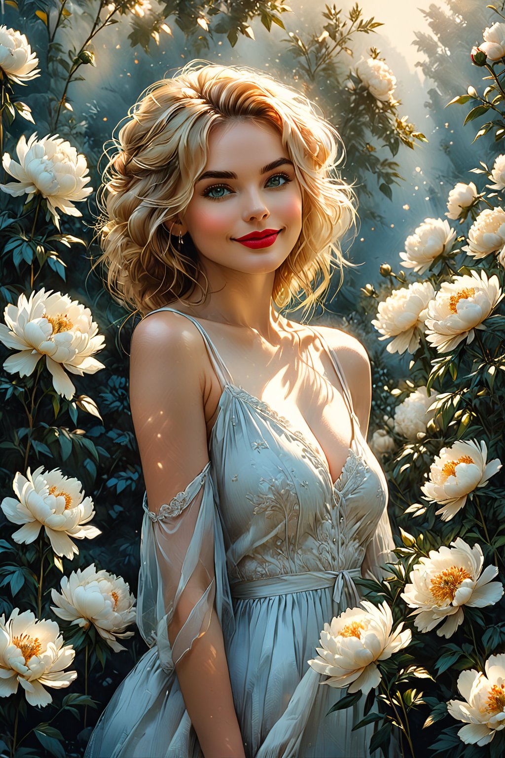 (Extremely detailed ), (every detail in perfect sharp focus), (masterpiece), (stunningly soft light evenly illuminating the entire face and body), (extremely perfect detailed:1.9), 16 years tender female face, standing all human heights, standing hiding behind white peonies branches, only peonies around female body, A beautiful blonde female, red lips, green eyes, busty, smiling, wearing a white sundress, holds a bouquet of many peonies, looking directly at the viewer. Soft blue and pale gold color accents. Intricate detailed digital matte painting with subtle texture. Soft, warm sunlight filters through misty atmosphere. Detailed fantasy concept art with deep colors, complementary blues and gold, subtle bokeh. Ross Tran watercolor inspiration, David Downton portrait nuance, Unreal Engine 5 level of detail, 8k resolution, cinematic landscape,oil paint