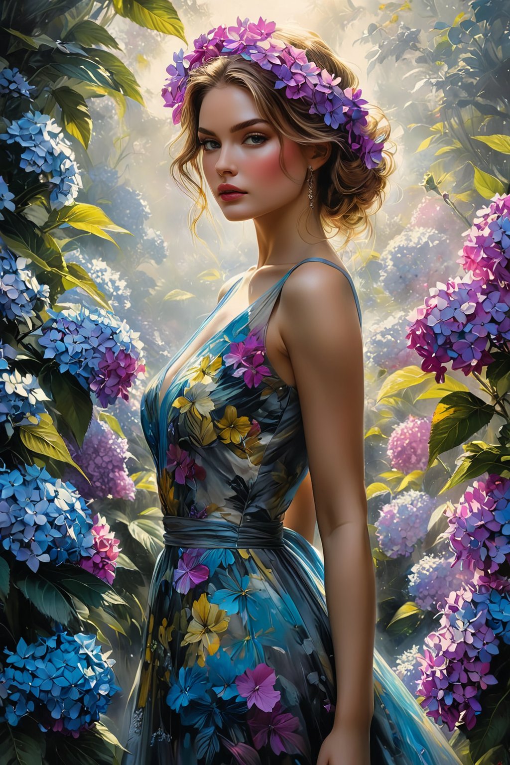 ((extremely perfect detailed:1.9)), ((ultra detailed realistic:1.9)), Masterpiece, HD, 16K, a beauty, busty, realistic waist. ((Ultra perfect detailed are 16 years tender female face:1.9)). ((A painting in colorful multicolor shades, gown and elaborate floral wreath)), (((airbrush art by Yoji Shinkawa:1.9))), ((standing between tropical flora)), ink art,line art illustration, ((the main heroine standing away in all human height between flowers)), standing away Charcoal drawing, crayons, black pencil art, graphite art, masterpiece, crayons, RTX, 4k, HDR, Anna Razumovskaya, Casey Baugh, Antonio Mora, Aminola Rezai, Giovanni Boldini, art, detailed)), (Soft, warm sunlight filters through misty atmosphere), (cinematic landscape), (stunningly soft atmosphere light evenly illuminating the entire face and body), ((female hidden away in royal hydrangea)), (yellow sundress), looking_at_camera, ((the only one solo main heroine standing away in all human height)), (solo:1.9), , ((the only one solo main heroine standing away in all human height between royal hydrangea)), ((looking_at_camera)), (royal big petals hydrangea blue purple fuxia). (perfect fashion dynamic standing pose), bohemia