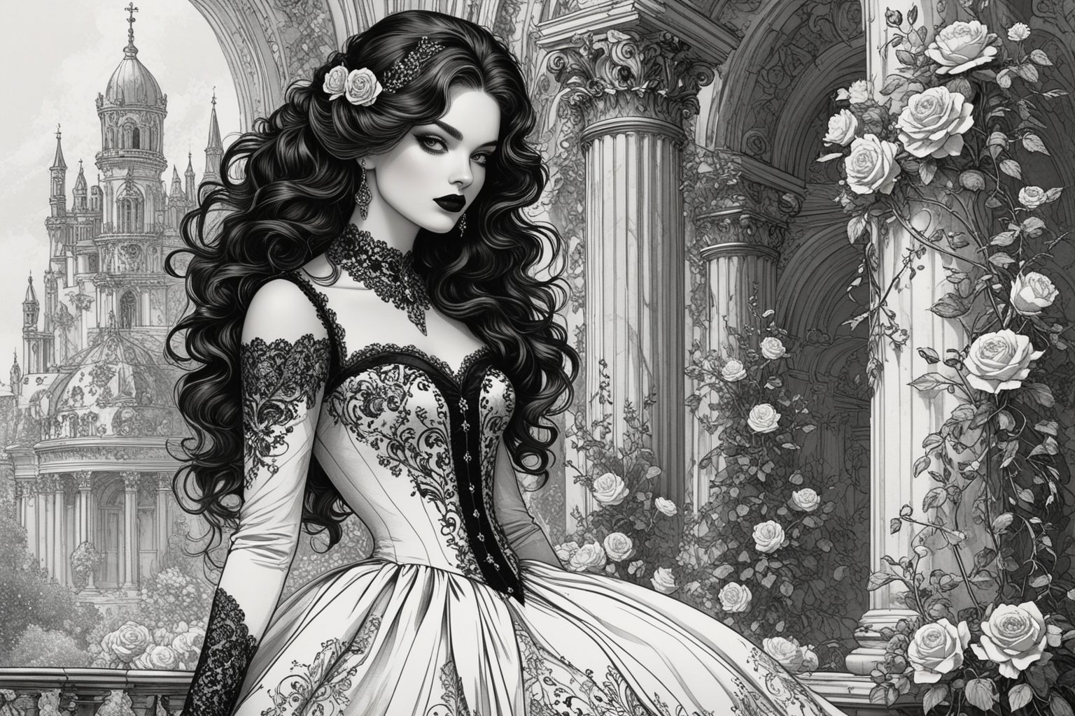 ((extremely perfect detailed art:1.9)), Masterpiece, HD, 16K, A captivating minimalist illustration of a 18-year-old beauty. (gothic beauty, chiffon ivory gown, ivory tulle, black ornate motifs threads, pattern of black lace, sparkling lace, gems, beautiful full black lips, eye drawing, tuxedo eyes, long fluffy lashes, big layered black hair, large curls on long hair), the tights with sparkling lace. ((midjorney style face:1.9)), ((detailed flux type face:1.9)), bohemian, delicate image, hyper-detailing, aesthetic, good soft illuminated, photorealistic line ink art),

score_9, score_8_up, score_7_up, ginger woman, 3/4 body shot, character concept art of a beautiful woman leaning over, falling off her shoulder, comic book art, rough colored sketch, innocent, (depth of field), (fine textures details), (best fashion dynamic standing pose:1.9), (standing maximum away:1.9), (black ink line art), spirals and swirls in rococo style, perfect symmetry, symmetrical, large motifs, ((the only one solo main heroine standing away in all human height)), (standing maximum away in marble castle open balcony:1.9),

 ((gaze directed at viewer, looking_at_camera)), (the only one solo main heroine:1.9), (standing maximum away with all human height:1.9), (best fashion dynamic standing pose:1.9), (standing maximum away:1.9), (black ink line art), spirals and swirls in rococo style, perfect symmetry, symmetrical, large motifs, (standing maximum away in marble castle:1.9), garden roses, lanky