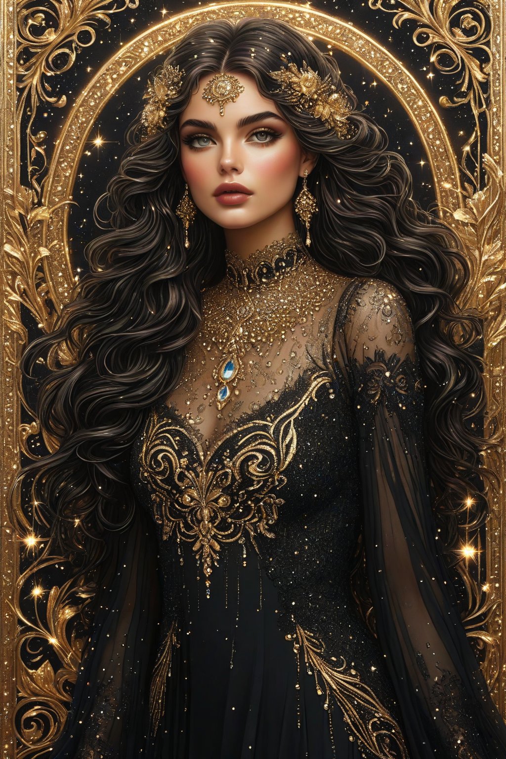 ((extremely detailed:1.9)), ((extremaly right female body proportions:1.9)). Masterpiece, HD, 16K, A captivating minimalist illustration of a 18-year-old beauty. (gothic beauty, push up busty, black and gold, beads chiffon gown, ornate motifs beads threads, pattern of beads lace, beads sparkling lace, gems, beautiful full black lips, eye drawing, tuxedo eyes, long fluffy lashes, big layered black hair, large curls on long hair), beads wreath in hair, beads threads on hair, the tights with sparkling lace, ((midjorney style face:1.9)), ((detailed flux type face:1.9)), bohemian, delicate image, hyper-detailing, aesthetic, good soft illuminated, photorealistic line ink art, (crystals, gems, gold dust bokeh), ((gaze directed at viewer, looking_at_camera)), (the only one solo main heroine:1.9), (standing maximum away with all human height:1.9), (best fashion dynamic standing pose:1.9), (standing maximum away:1.9), ((black ink line art)),  ((stand under fresk ornate motifs wall)), bright. ((black  gold background)), (gold frame of art nouveau), (art nouveau background), (sensetive, tender, goddess, artistic pose, elegant dynamic standing pose), ((away upper body)), ((photorealistic detailed face)), shiny, glitter. half turn body, looking over shoulder pose