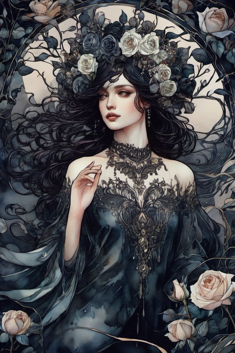 ((extremely detailed)), CoG_v2, (dark moody watercolor:1.8), European ink illustration, ((watercolor)), (natural detailed long hair), " I've been much too far out all my life and not waving but drowning". Gustave Doré, Jasmine Becket-Griffith, freedom, full body, (line art), particles, concept art,mysterious , nightmarish dreamlike, perfect anatomy, great realistic features, perfect detailed hands fingers, (detailed, detailed florals, crystals, minerals, perfect detailed jewelry, crystal jewellery), masterpiece, pure perfection , sharp focus, Decora_SWstyle,ink, (art nouveau:1.9), fflixmj6, (baby_face), (one upper body), (half visible puffy sleeves), (marble ombre background), (baby face woman, young lady:1.9),  (gothic style), (victorian style), ((luxury European apartments from barocco era)), (v_shape_face), (dark background behind women), (modern design dress), (spring flowers blossom branches),  (behind a woman are garden roses wall:1.9), (roses create luxury roses wall around behind a woman:1.9), 