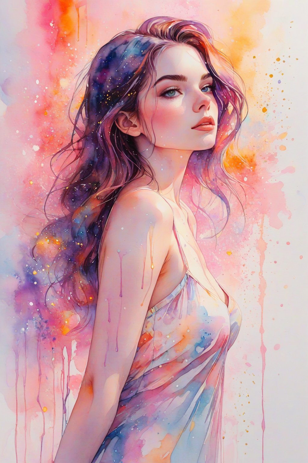 ((extremely detailed:1.9)), ((extremaly right female body proportions:1.9)). Masterpiece, HD, 16K, A captivating minimalist illustration of a 18-year-old beauty, busty, sundress, a woman by agnes cecile, luminous design, pastel colours, ink drips, autumn lights, multicolor watercolor marble background, looking over shoulder pose, shiny, glitter, gold, half turn body, looking over shoulder pose