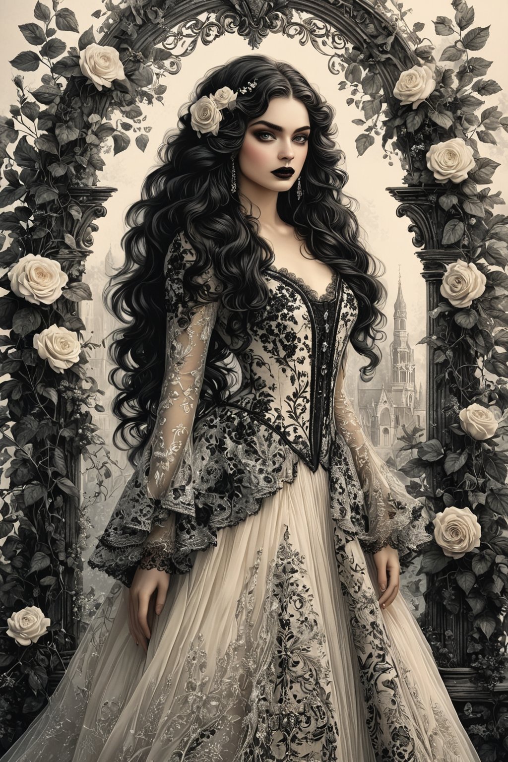 ((extremely perfect detailed art:1.9)), Masterpiece, HD, 16K, A captivating minimalist illustration of a 18-year-old beauty. (gothic beauty, chiffon ivory gown, ivory tulle, black ornate motifs threads, pattern of black lace, sparkling lace, gems, beautiful full black lips, eye drawing, tuxedo eyes, long fluffy lashes, big layered black hair, large curls on long hair), the tights with sparkling lace. ((midjorney style face:1.9)), ((detailed flux type face:1.9)), bohemian, delicate image, hyper-detailing, aesthetic, good soft illuminated, photorealistic line ink art), ((gaze directed at viewer, looking_at_camera)), (the only one solo main heroine:1.9), (standing maximum away with all human height:1.9), (best fashion dynamic standing pose:1.9), (standing maximum away:1.9), (black ink line art), spirals and swirls in rococo style, perfect symmetry, symmetrical, large motifs, (standing maximum away in marble castle:1.9), garden roses, lanky