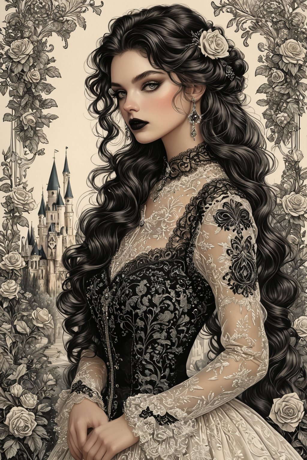 ((extremely perfect detailed art:1.9)), Masterpiece, HD, 16K, A captivating minimalist illustration of a 18-year-old beauty. (gothic beauty, chiffon ivory gown, ivory tulle, black ornate motifs threads, pattern of black lace, sparkling lace, gems, beautiful full black lips, eye drawing, tuxedo eyes, long fluffy lashes, big layered black hair, large curls on long hair), the tights with sparkling lace. ((midjorney style face:1.9)), ((detailed flux type face:1.9)), bohemian, delicate image, hyper-detailing, aesthetic, good soft illuminated, photorealistic line ink art), ((gaze directed at viewer, looking_at_camera)), (the only one solo main heroine:1.9), (standing maximum away with all human height:1.9), (best fashion dynamic standing pose:1.9), (standing maximum away:1.9), (black ink line art), spirals and swirls in rococo style, perfect symmetry, symmetrical, large motifs, (standing maximum away in marble castle:1.9), garden roses, lanky