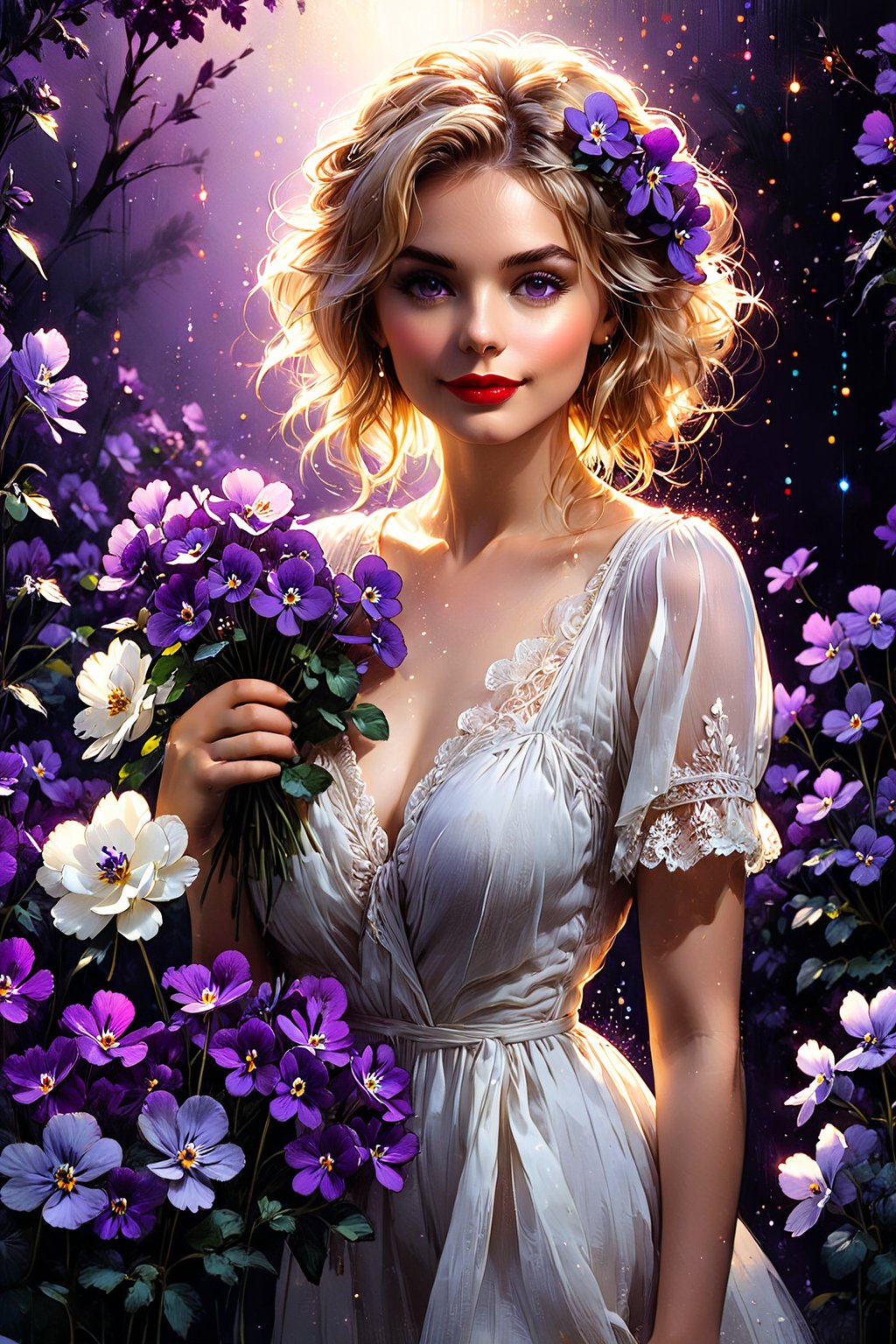 (extremely perfect detailed:1.9), 16 years tender female face, standing all human heights, standing hiding behind white peonies branches, only peonies around female body, A beautiful blonde female, red lips, green eyes, busty, smiling, wearing a white sundress, holds a bouquet of many peonies, looking directly at the viewer. Soft blue and pale gold color accents. Intricate detailed digital matte painting with subtle texture. Soft, warm sunlight filters through misty atmosphere. Detailed fantasy concept art with deep colors, complementary blues and gold, subtle bokeh. Ross Tran watercolor inspiration, David Downton portrait nuance, Unreal Engine 5 level of detail, 8k resolution, cinematic landscape. Abstract Lighting Effects, flowers, patterns, Midjourney style, Photorealism, Cinematic style, high fidelity, realism, chiaroscuro, play of shadow and light, rays of light. ffdac, (glowing sparkling red dust bokeh), beautiful, dark background, contrast of color and darkness, painting, dark-purple violet color, upper body, ((gaze directed at viewer, looking_at_camera)), (hiding between in sparkling dark-purple-violets flowers twisted branches around female body torso:1.9), background are flowers, sundress, fashion dynamic pose, Unreal Engine 5 level of detail, 8k resolution, cinematic landscape,oil paint 