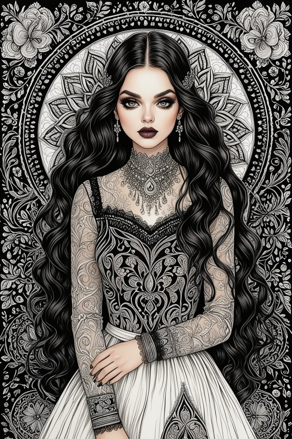 ((extremely perfect detailed art:1.9)), Masterpiece, HD, 16K, A captivating minimalist illustration of a 18-year-old beauty. perfect detailed face, (gothic beauty, chiffon ivory gown, ivory tulle, black ornate motifs threads, pattern of black lace, sparkling lace, gems, beautiful full black lips, eye drawing, tuxedo eyes, long fluffy lashes, big layered black hair, large curls on long hair), the tights with sparkling lace. ((midjorney style face:1.9)), ((detailed flux type face:1.9)), bohemian, delicate image, hyper-detailing, aesthetic, good soft illuminated, photorealistic line ink art), ((gaze directed at viewer, looking_at_camera)), (the only one solo main heroine:1.9), (standing maximum away with all human height:1.9), (best fashion dynamic standing pose:1.9), (standing maximum away:1.9), (black ink line art), spirals and swirls in rococo style, perfect symmetry, symmetrical, large motifs, ((the only one solo main heroine standing away in all human height)), (standing maximum away in marble castle open balcony:1.9), garden roses, lanky, art,Add_More_Details,boichi style, (abstract mosaic pattern highlighted by fractal elements:1.9), ((zentangle mandala lace:1.9)),