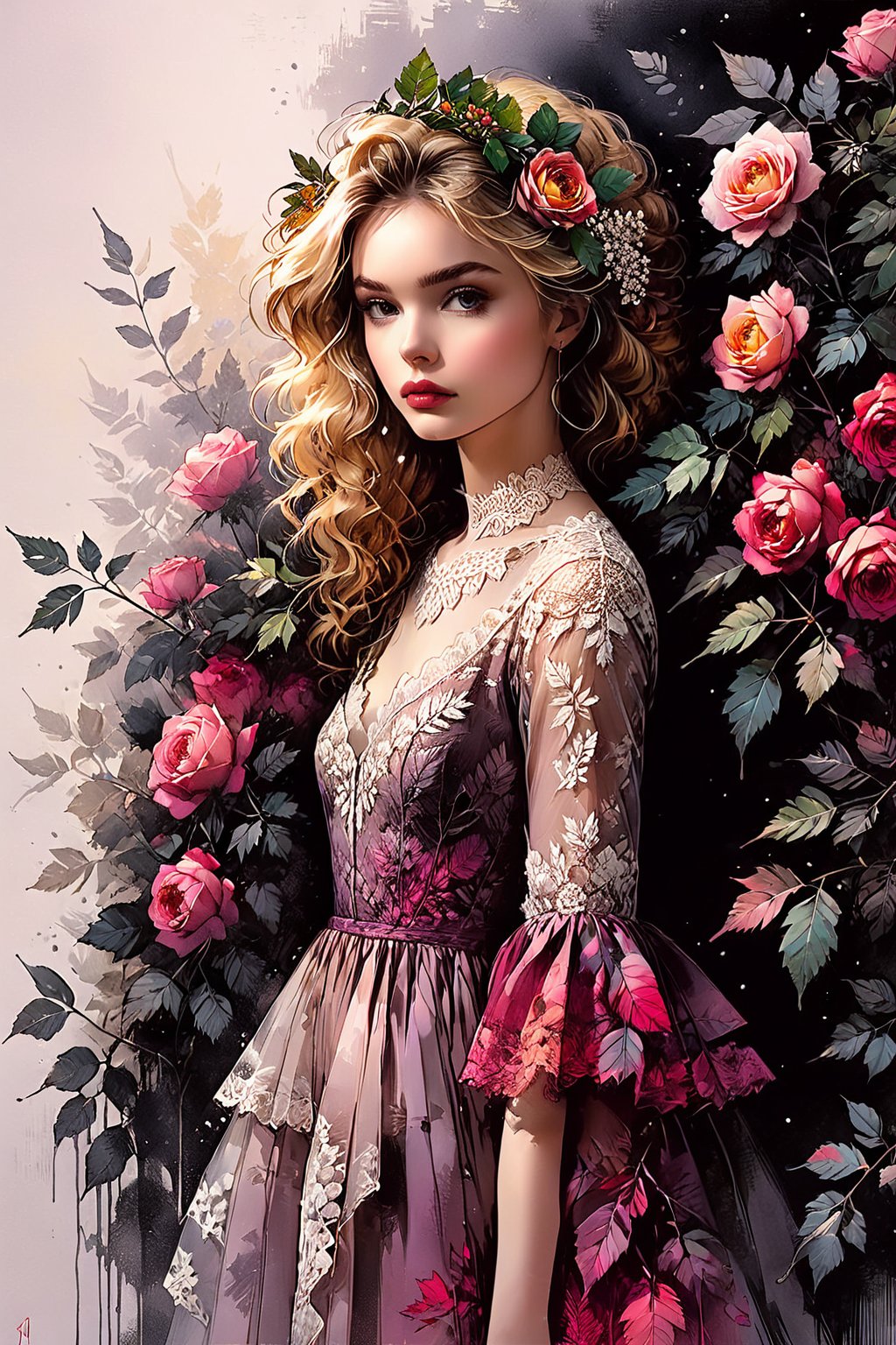 (Extremely detailed ), (every detail in perfect sharp focus), (masterpiece), (stunningly soft light evenly illuminating the entire face and body), ((extremely perfect detailed)), Masterpiece, HD, 16K, A captivating minimalist illustration of a 20-year-old blonde beauty. ((A painting in shades of mauve, lace gown and elaborate floral wreath)), (((airbrush art by Yoji Shinkawa:1.9))) Layered tulle gown with sparkling lace, ink art,line art illustration, ((the main heroine standing away in all human height between many rowan leaves)), (standing away), (by Greg Manchess and Miles Aldridge), (extremely detailed are colorful linen pastel flamenco lace dress gown), (ombre multicoloured leafs:1.9)), (pattern of ombre multicoloured leafs:1.9)), ((holding in hands huge burgundy roses bouquet:1.9)), WEARING HAUTE_COUTURE DESIGNER DRESS,oil paint 