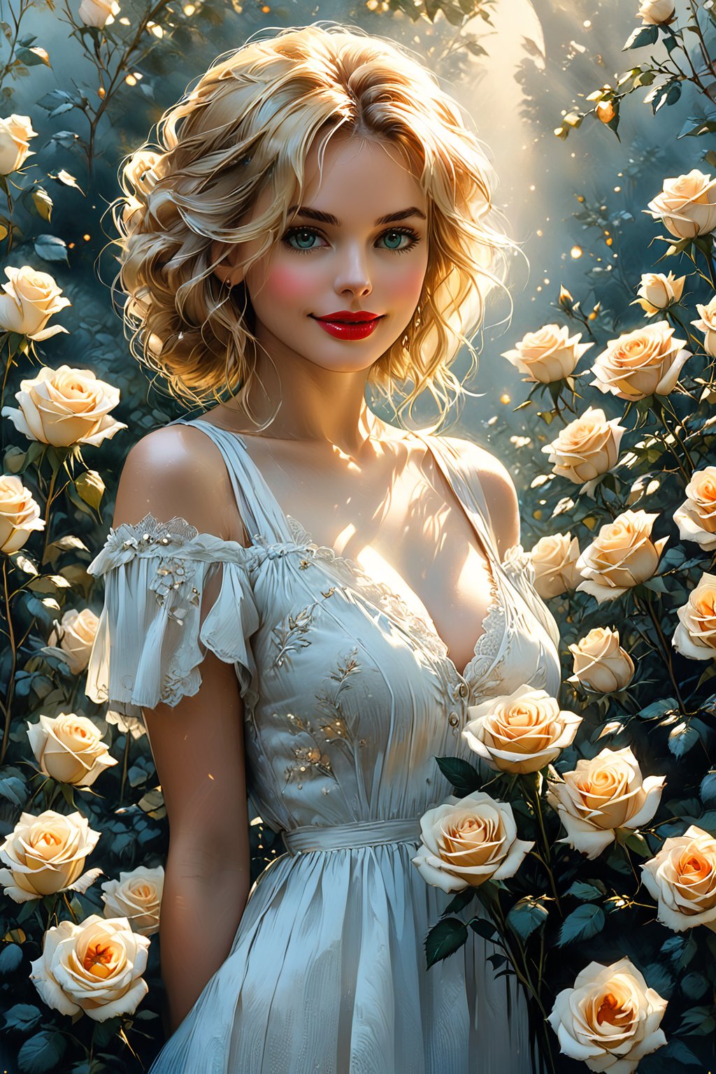 (Extremely detailed ), (every detail in perfect sharp focus), (masterpiece), (stunningly soft light evenly illuminating the entire face and body), (extremely perfect detailed:1.9), 16 years tender female face, standing all human heights, standing hiding behind white roses branches, only roses around female body,  A beautiful blonde female, red lips, green eyes, busty, smiling, wearing a white sundress, holds a bouquet of many roses, looking directly at the viewer. Soft blue and pale gold color accents. Intricate detailed digital matte painting with subtle texture. Soft, warm sunlight filters through misty atmosphere. Detailed fantasy concept art with deep colors, complementary blues and gold, subtle bokeh. Ross Tran watercolor inspiration, David Downton portrait nuance, Unreal Engine 5 level of detail, 8k resolution, cinematic landscape,oil paint 