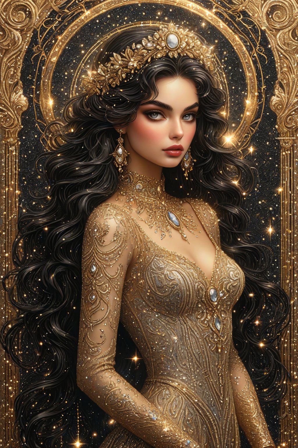 ((extremely detailed:1.9)), ((extremaly right female body proportions:1.9)). Masterpiece, HD, 16K, A captivating minimalist illustration of a 18-year-old beauty. (gothic beauty, push up busty, black and gold, beads chiffon gown, ornate motifs beads threads, pattern of beads lace, beads sparkling lace, gems, beautiful full black lips, eye drawing, tuxedo eyes, long fluffy lashes, big layered black hair, large curls on long hair), beads wreath in hair, beads threads on hair, the tights with sparkling lace, ((midjorney style face:1.9)), ((detailed flux type face:1.9)), bohemian, delicate image, hyper-detailing, aesthetic, good soft illuminated, photorealistic line ink art, (crystals, gems, gold dust bokeh), ((gaze directed at viewer, looking_at_camera)), (the only one solo main heroine:1.9), (standing maximum away with all human height:1.9), (best fashion dynamic standing pose:1.9), (standing maximum away:1.9), ((black ink line art)),  ((stand under fresk ornate motifs wall)), bright. ((black  gold background)), (gold frame of art nouveau), (art nouveau background), (sensetive, tender, goddess, artistic pose, elegant dynamic standing pose), ((away upper body)), ((photorealistic detailed face)), shiny, glitter. half turn body, looking over shoulder pose