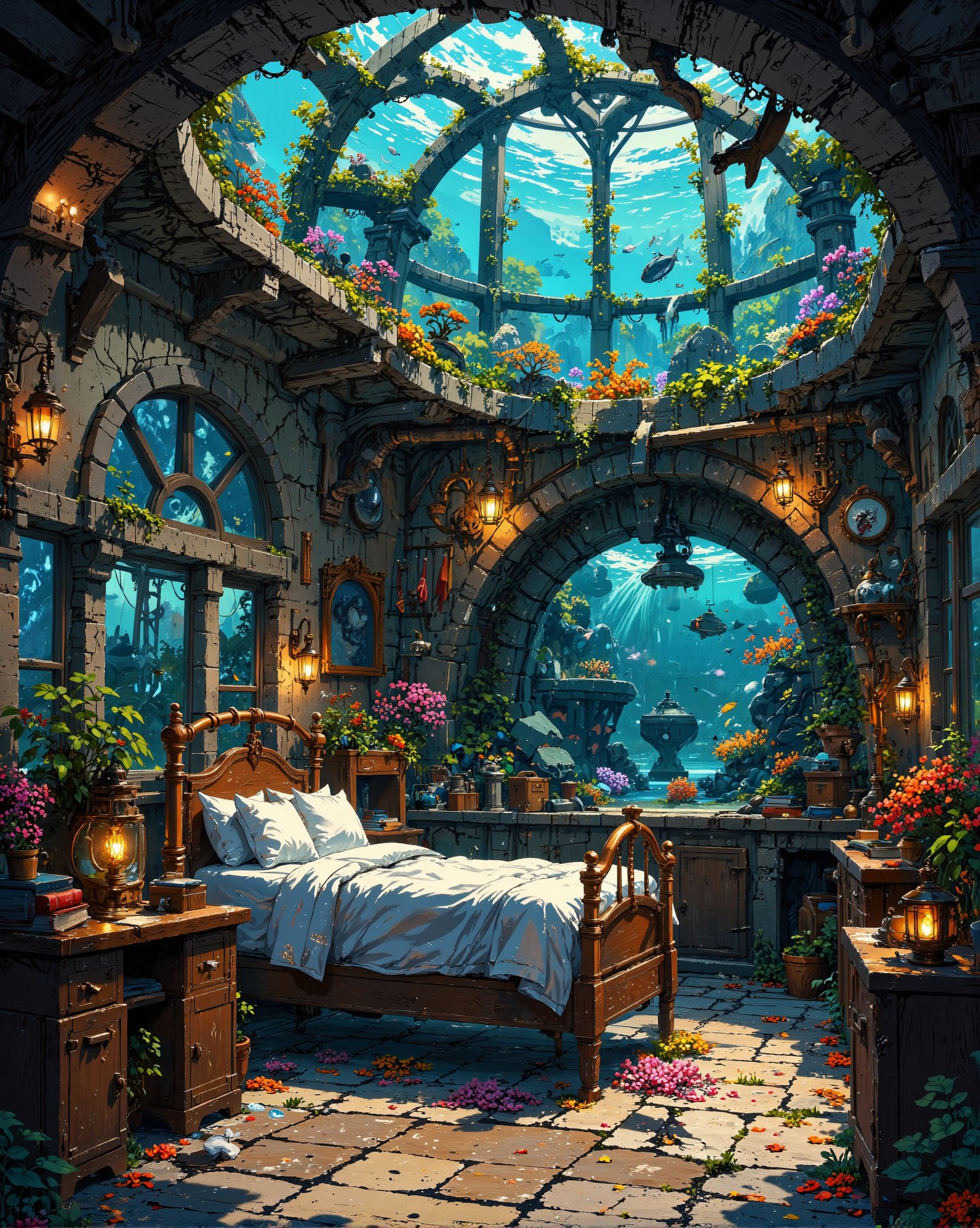 In a whimsical underwater abode, reminiscent of Studio Ghibli's mystical realms, a sturdy bunk bed fashioned from copper pipes and brass accents rests against a curved wooden wall. Vibrant coral and sea anemones adorn the room, while a majestic aquarium teems with aquatic life beneath a large window, its glass panes etched with swirling seaweed patterns. Amidst this cozy chaos, a collection of leather-bound books and peculiar steampunk contraptions gather dust, as if abandoned by their inventor, in the midst of an oceanic odyssey.