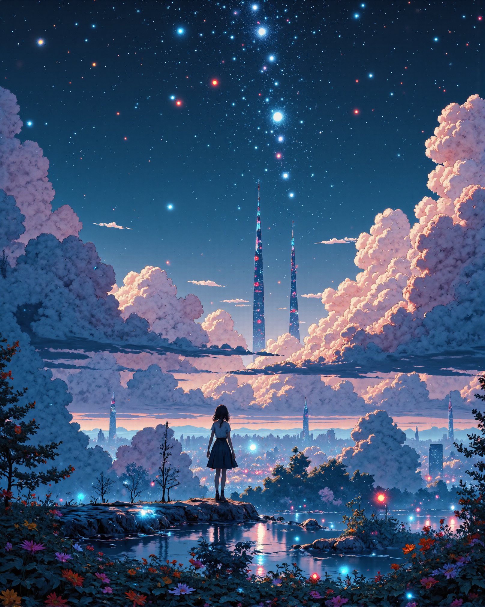 A serene scene unfolds as a lone female strolls effortlessly across wispy clouds, set against the backdrop of a breathtaking night sky. Stars twinkle like diamonds scattered across the velvet expanse. In the distance, massive futuristic cities sprawl beneath, their sleek skyscrapers and neon lights reflecting off the clouds' gentle peaks. The atmosphere is tranquil, with a hint of lofi mystique. The illustration's Studio Ghibli-inspired style shines through in its lush textures and whimsical touch, making this 4K anime wallpaper a stunning representation of futuristic cyberpunk beauty.