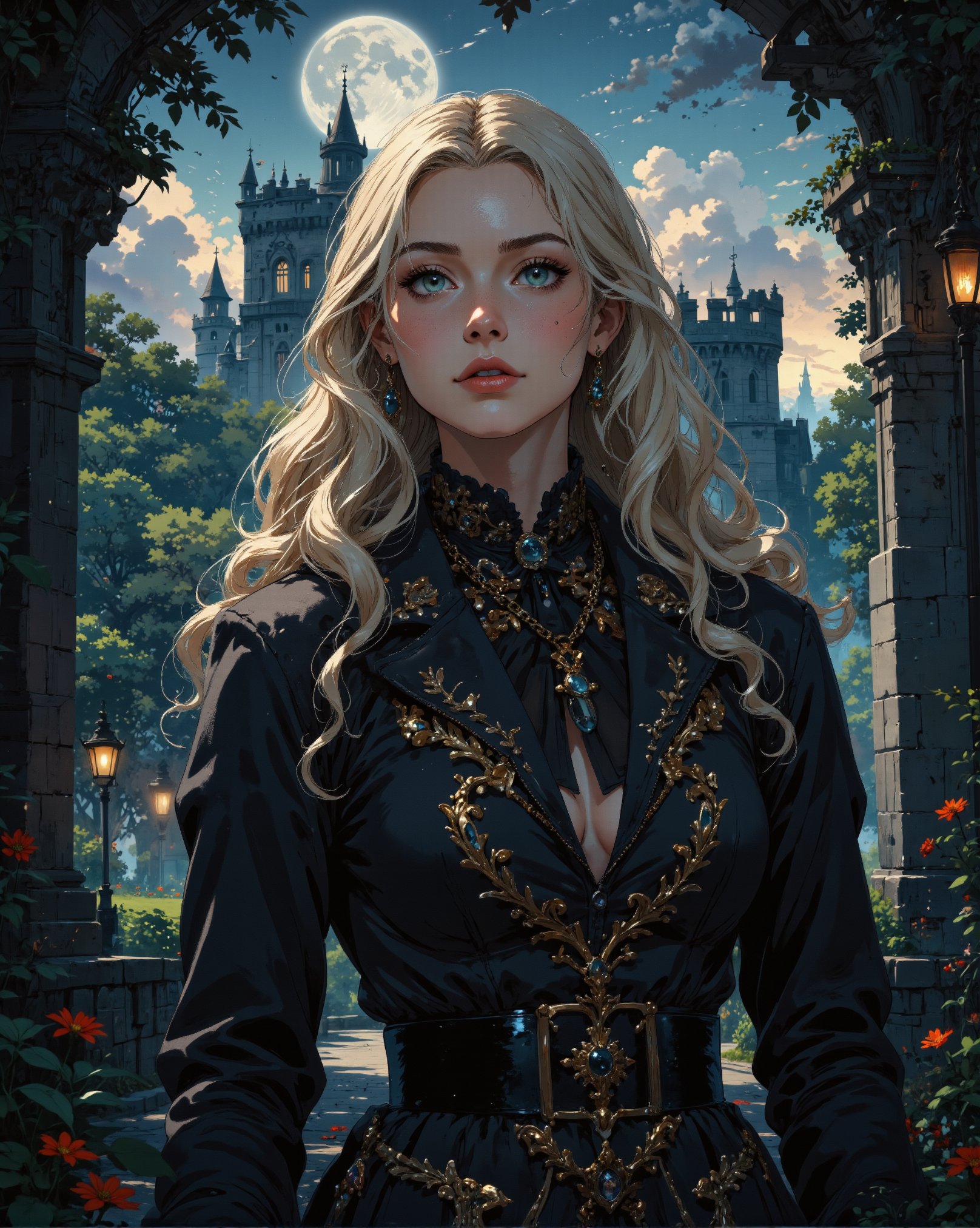 A stately Victorian lady stands tall, dressed in opulent black attire adorned with gold trim, against a majestic castle backdrop under the radiant glow of a full moon. Her blonde hair flows like silk, framing her regal face in an heroic, head-and-shoulders portrait. The atmosphere is one of grandeur and mystique, as if plucked from a fantasy novel. The scene is meticulously rendered in exquisite detail, reminiscent of Esao Andrews' oil paintings, with every strand of hair and texture of fabric painstakingly captured.