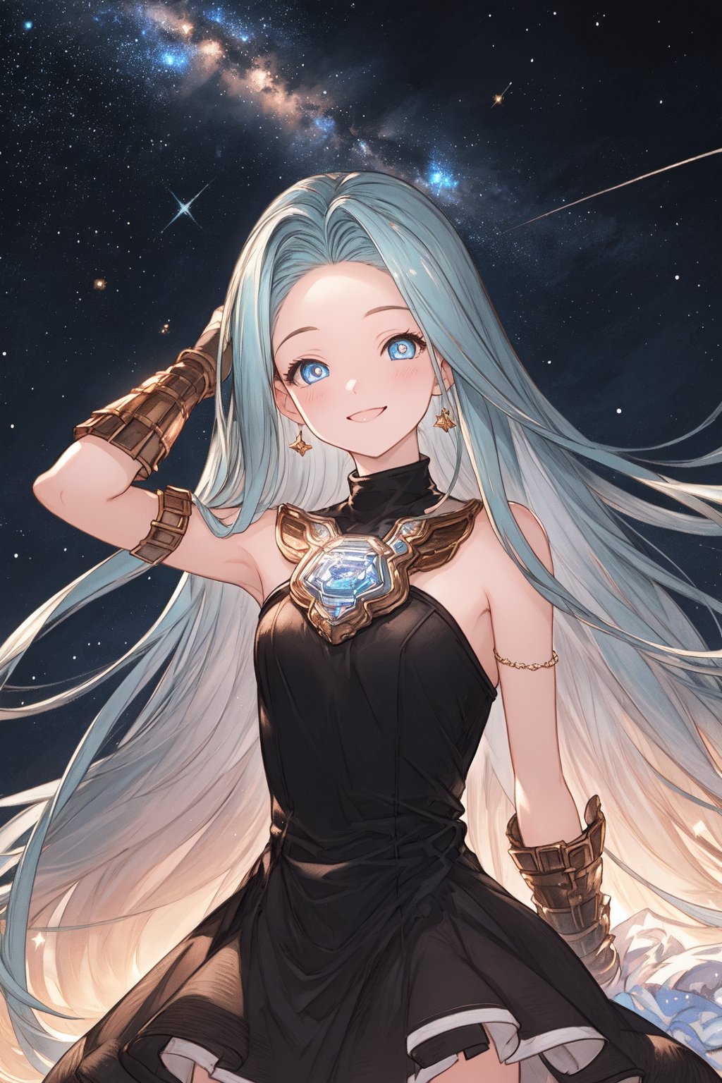 solo, 1girl , look at viewer, cinematic, potrait shot, ultra high quality, masterpiece, ultra detailed eyes, forest, ultra detailed starry sky  night, high quality colorful galaxy on night sky, ultra quality background, detailed pupils eyes, closed smile, fotographer pose, standing,masterpiece,Lyria