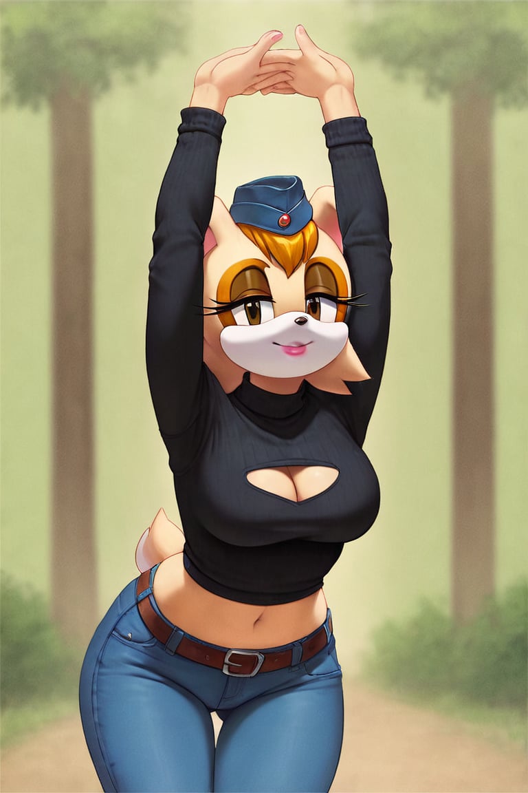 score_9, score_8_up, score_7_up, score_6_up, score_5_up, score_4_up, (Source sonic), (rating safe), vanilla the rabbit, 1girl, solo, outside, wearing blue jeans,  black sweater, shirt cutout, large breasts, brown eyes, looking at viewer, standing, outside, trees, fall weather,  , wide hips, rabbit girl, short hair, body fur, dynamic pose, anime style,flashing belly,cammystretch, stretching,leaning forward,arms up,stomach_punch,Soviet Military uniform,skirt,belt,garrison cap