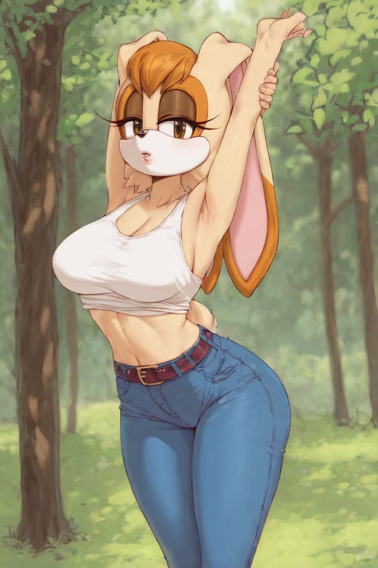 score_9, score_8_up, score_7_up, score_6_up, score_5_up, score_4_up, (Source sonic), (rating safe), vanilla the rabbit, 1girl, solo, outside, wearing blue jeans, white shirt, jacket, large breasts, brown eyes, looking at viewer, standing, outside, trees, fall weather,  , wide hips, rabbit girl, short hair, body fur, hands on hips, anime style,flashing belly,cammystretch, stretching,leaning forward,arms up,stomach_punch,skirt,belt