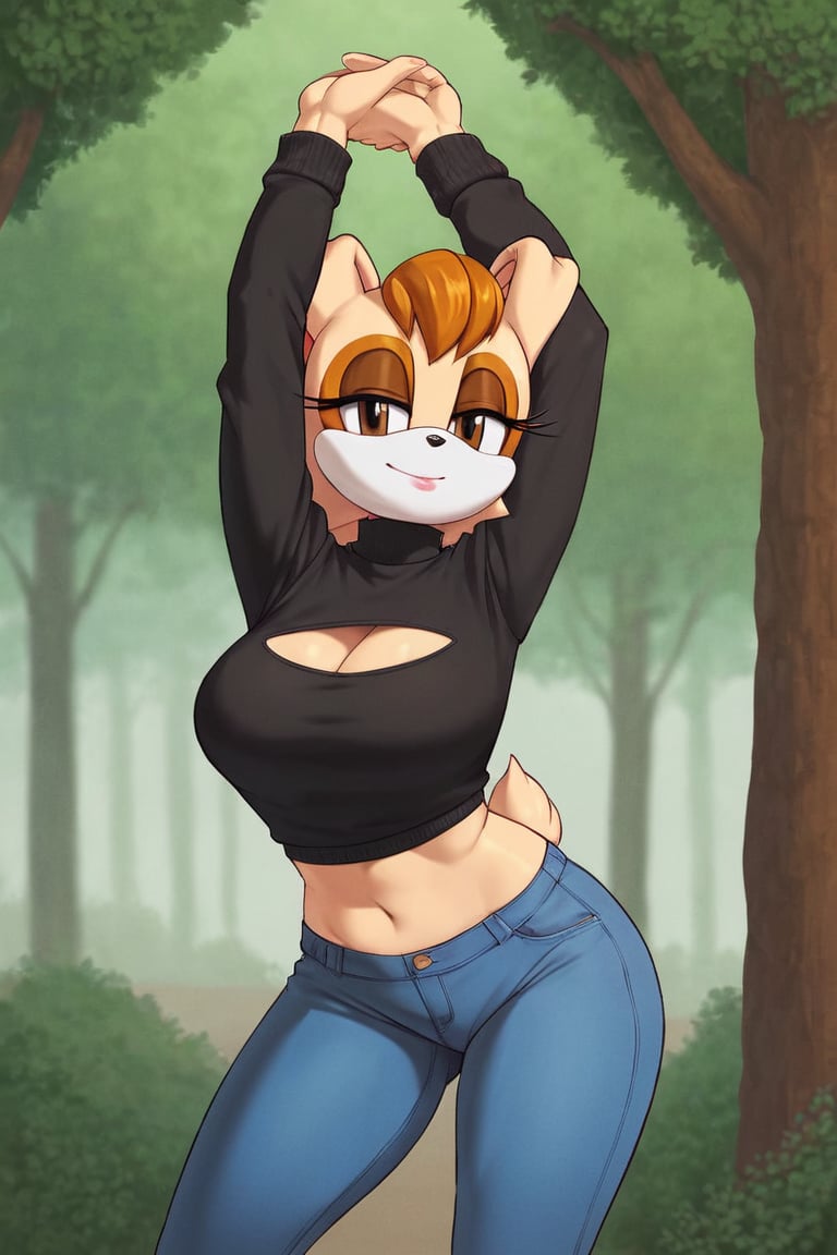 score_9, score_8_up, score_7_up, score_6_up, score_5_up, score_4_up, (Source sonic), (rating safe), vanilla the rabbit, 1girl, solo, outside, wearing blue jeans,  black sweater, shirt cutout, large breasts, brown eyes, looking at viewer, standing, outside, trees, fall weather,  , wide hips, rabbit girl, short hair, body fur, dynamic pose, anime style,flashing belly,cammystretch, stretching,leaning forward,arms up,stomach_punch, short jacket