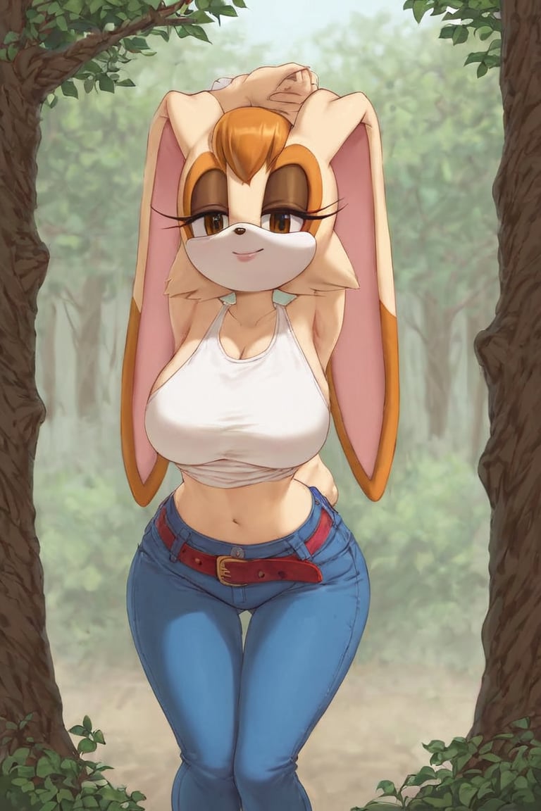 score_9, score_8_up, score_7_up, score_6_up, score_5_up, score_4_up, (Source sonic), (rating safe), vanilla the rabbit, 1girl, solo, outside, wearing blue jeans, white shirt, jacket, large breasts, brown eyes, looking at viewer, standing, outside, trees, fall weather,  , wide hips, rabbit girl, short hair, body fur, hands on hips, anime style,flashing belly,cammystretch, stretching,leaning forward,arms up,stomach_punch,skirt,belt