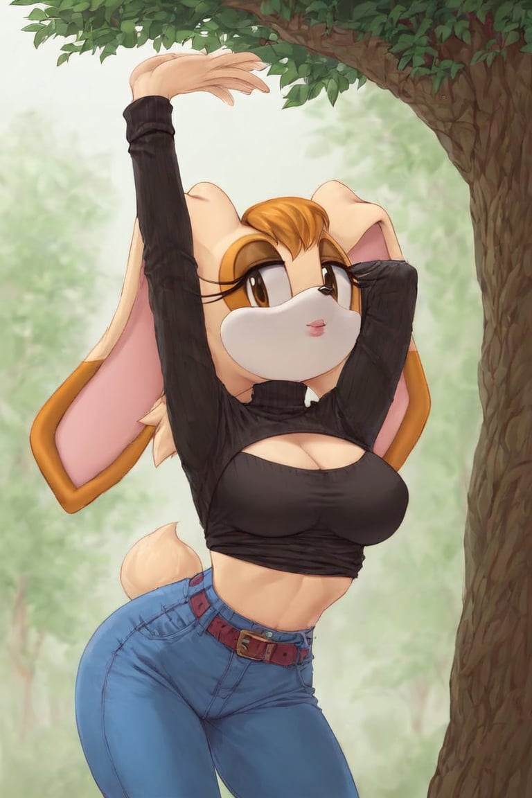 score_9, score_8_up, score_7_up, score_6_up, score_5_up, score_4_up, (Source sonic), (rating safe), vanilla the rabbit, 1girl, solo, outside, wearing blue jeans,  black sweater, shirt cutout, large breasts, brown eyes, looking at viewer, standing, outside, trees, fall weather,  , wide hips, rabbit girl, short hair, body fur, dynamic pose, anime style,flashing belly,cammystretch, stretching,leaning forward,arms up,skirt,belt