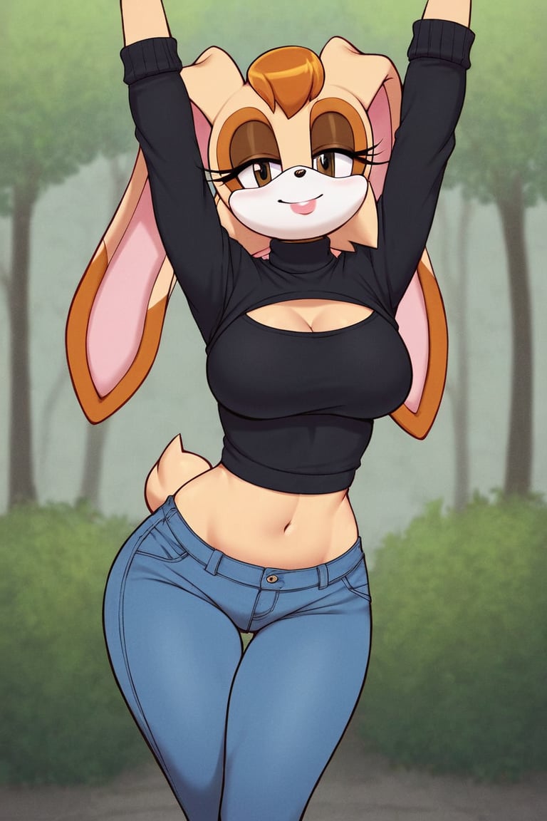 score_9, score_8_up, score_7_up, score_6_up, score_5_up, score_4_up, (Source sonic), (rating safe), vanilla the rabbit, 1girl, solo, outside, wearing blue jeans,  black sweater, shirt cutout, large breasts, brown eyes, looking at viewer, standing, outside, trees, fall weather,  , wide hips, rabbit girl, short hair, body fur, dynamic pose, anime style,flashing belly,cammystretch, stretching,leaning forward,arms up,stomach_punch, short jacket