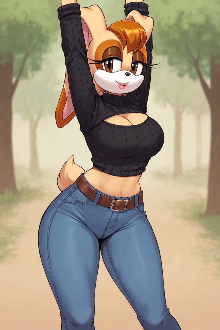 score_9, score_8_up, score_7_up, score_6_up, score_5_up, score_4_up, (Source sonic), (rating safe), vanilla the rabbit, 1girl, solo, outside, wearing blue jeans,  black sweater, shirt cutout, large breasts, brown eyes, looking at viewer, standing, outside, trees, fall weather,  , wide hips, rabbit girl, short hair, body fur, dynamic pose, anime style,flashing belly,cammystretch, stretching,leaning forward,arms up,stomach_punch,Soviet Military uniform,skirt,belt