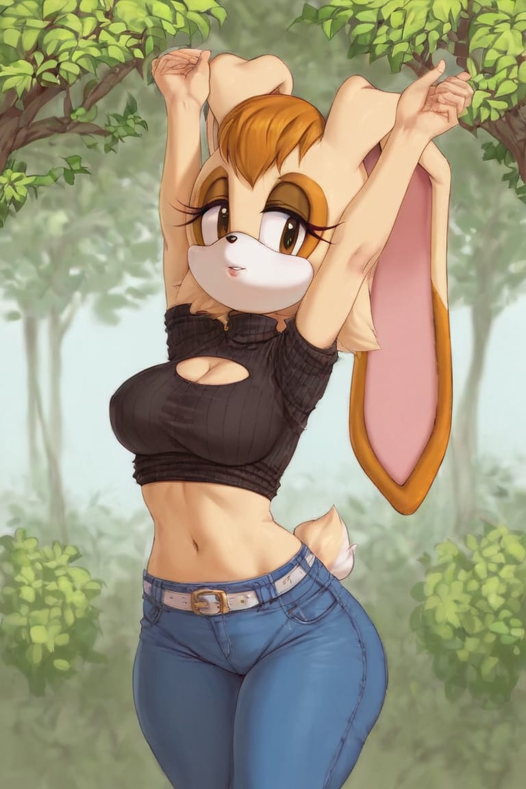 score_9, score_8_up, score_7_up, score_6_up, score_5_up, score_4_up, (Source sonic), (rating safe), vanilla the rabbit, 1girl, solo, outside, wearing blue jeans,  black sweater, shirt cutout, large breasts, brown eyes, looking at viewer, standing, outside, trees, fall weather,  , wide hips, rabbit girl, short hair, body fur, dynamic pose, anime style,flashing belly,cammystretch, stretching,leaning forward,arms up,skirt,belt