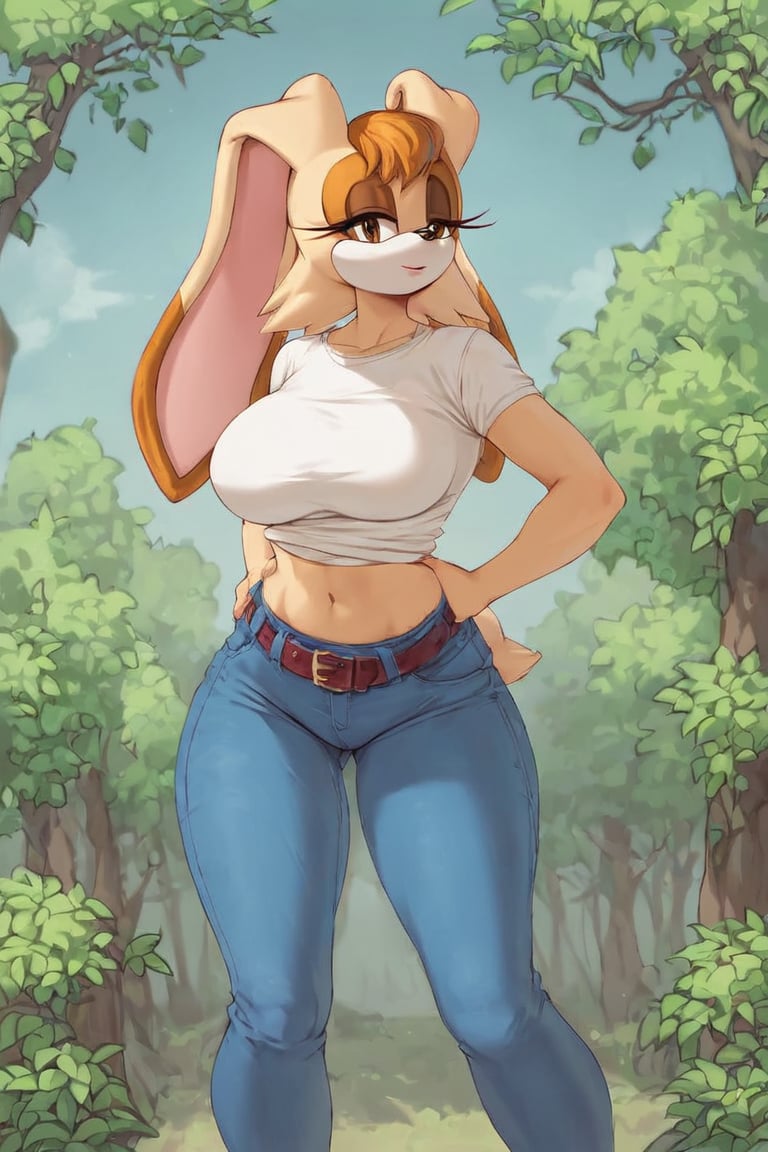 score_9, score_8_up, score_7_up, score_6_up, score_5_up, score_4_up, (Source sonic), (rating safe), vanilla the rabbit, 1girl, solo, outside, wearing blue jeans, white shirt, jacket, large breasts, brown eyes, looking at viewer, standing, outside, trees, fall weather,  , wide hips, rabbit girl, short hair, body fur, hands on hips, anime style,cammystretch, stretching,leaning forward,arms up,flashing belly,stomach_punch,belt,skirt