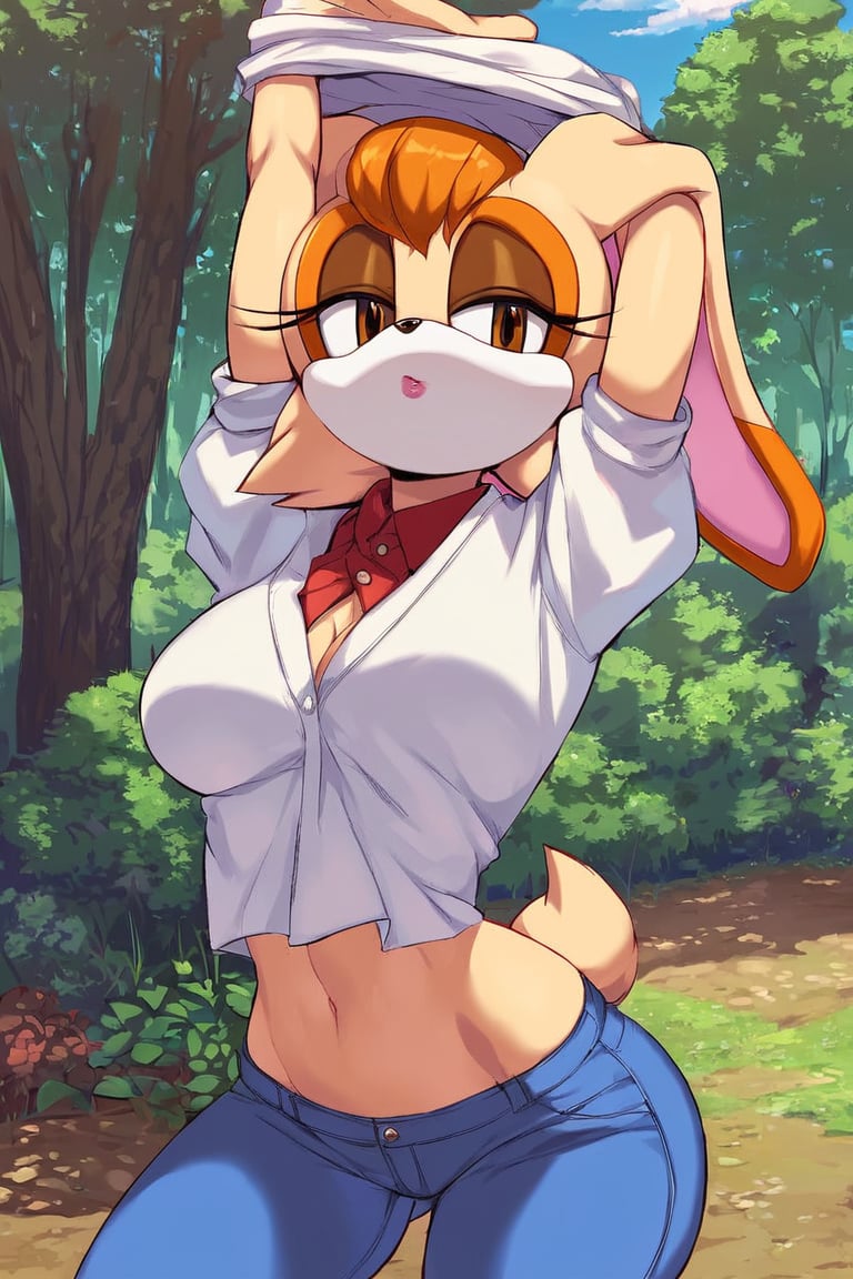 score_9, score_8_up, score_7_up, score_6_up, score_5_up, score_4_up, (Source sonic), (rating safe), vanilla the rabbit, 1girl, solo, outside, wearing blue jeans, white shirt, jacket, large breasts, brown eyes, looking at viewer, standing, outside, trees, fall weather,  , wide hips, rabbit girl, short hair, body fur, hands on hips, anime style,stomach_punch,arms up,cammystretch, stretching,flashing belly,sch00lg1rl