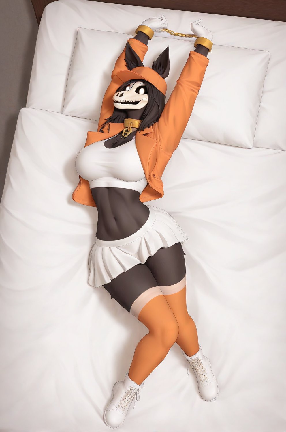 MalOXL, furry female, masterpiece, high quality, large breasts, scp-1471, black fur, white top, white skirt, orange jacket, flashing belly,arms up,cammystretch, stretching, lying in bed, white boots, white gloves, golden chained hands, orange stockings, orange hat,  golden collar, white gloves, big boobs