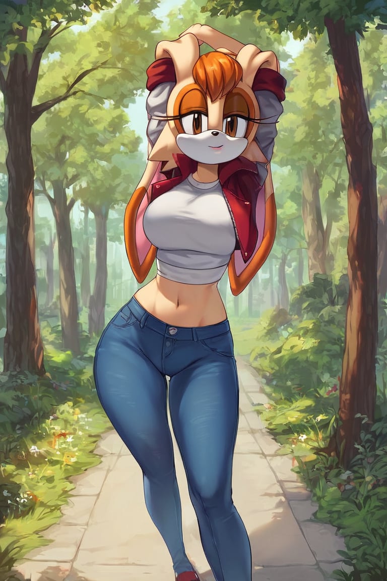 score_9, score_8_up, score_7_up, score_6_up, score_5_up, score_4_up, (Source sonic), (rating safe), vanilla the rabbit, 1girl, solo, outside, wearing blue jeans, white shirt, jacket, large breasts, brown eyes, looking at viewer, standing, outside, trees, fall weather,  , wide hips, rabbit girl, short hair, body fur, hands on hips, anime style,stomach_punch,arms up,cammystretch, stretching,flashing belly,sch00lg1rl, thighhighs