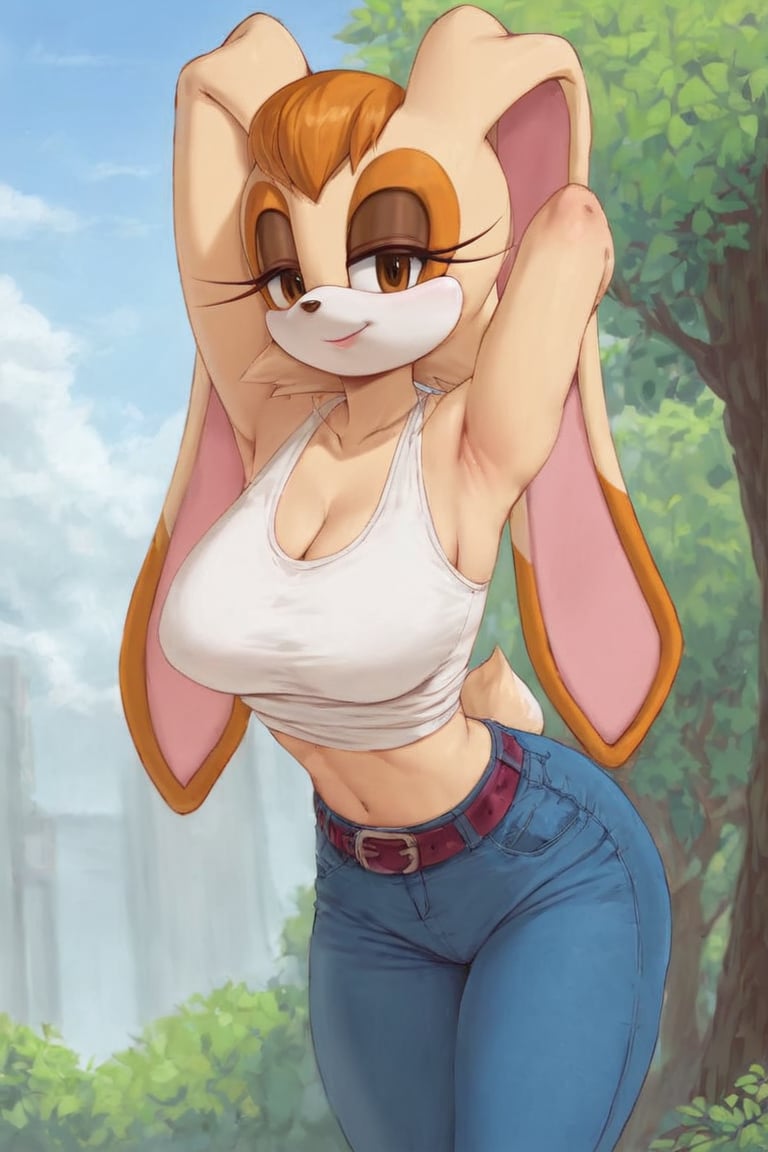 score_9, score_8_up, score_7_up, score_6_up, score_5_up, score_4_up, (Source sonic), (rating safe), vanilla the rabbit, 1girl, solo, outside, wearing blue jeans, white shirt, jacket, large breasts, brown eyes, looking at viewer, standing, outside, trees, fall weather,  , wide hips, rabbit girl, short hair, body fur, hands on hips, anime style,flashing belly,cammystretch, stretching,leaning forward,arms up,stomach_punch,skirt,belt