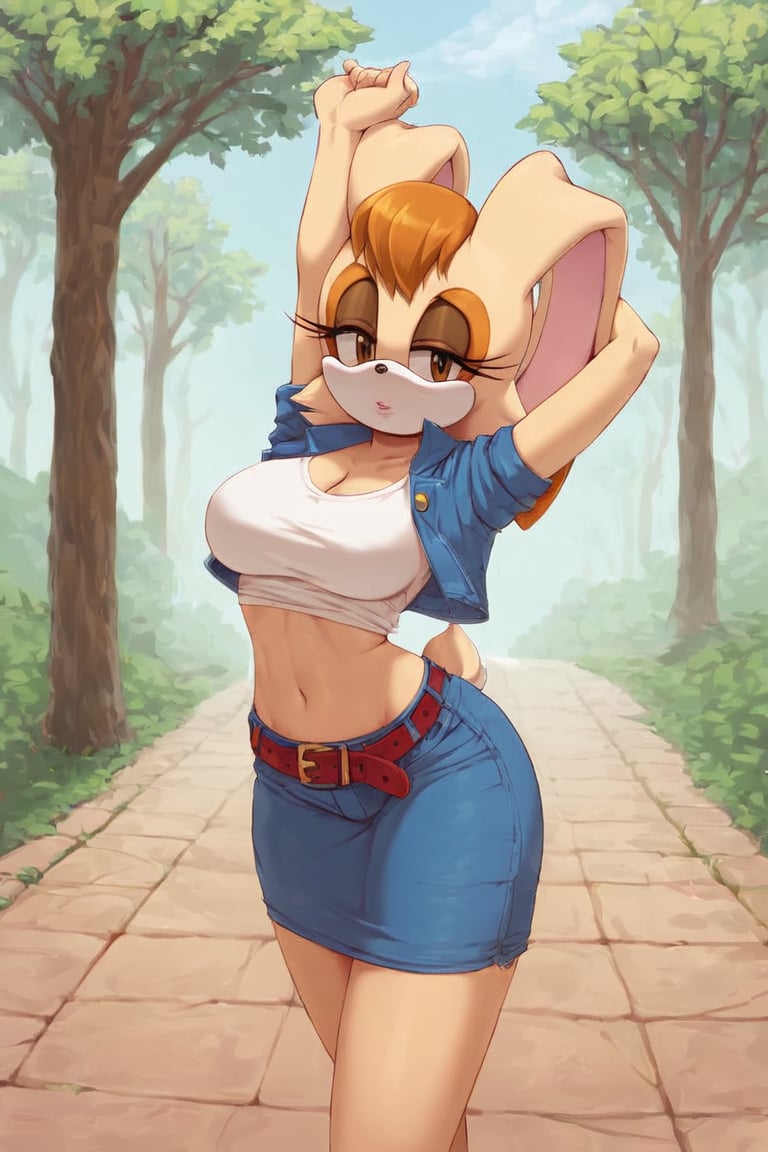 score_9, score_8_up, score_7_up, score_6_up, score_5_up, score_4_up, (Source sonic), (rating safe), vanilla the rabbit, 1girl, solo, outside, wearing blue jeans, white shirt, jacket, large breasts, brown eyes, looking at viewer, standing, outside, trees, fall weather,  , wide hips, rabbit girl, short hair, body fur, hands on hips, anime style,flashing belly,cammystretch, stretching,leaning forward,arms up,stomach_punch,skirt,belt