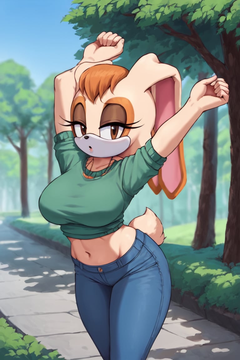 score_9, score_8_up, score_7_up, score_6_up, score_5_up, score_4_up, (Source sonic), (rating safe), vanilla the rabbit, 1girl, solo, outside, wearing blue jeans, green sweater, shirt cutout, large breasts, brown eyes, looking at viewer, standing, outside, trees, fall weather,  , wide hips, rabbit girl, short hair, body fur, dynamic pose, anime style,flashing belly,stomach_punch,cammystretch, stretching,leaning forward,arms up, RakkunVTSDXL