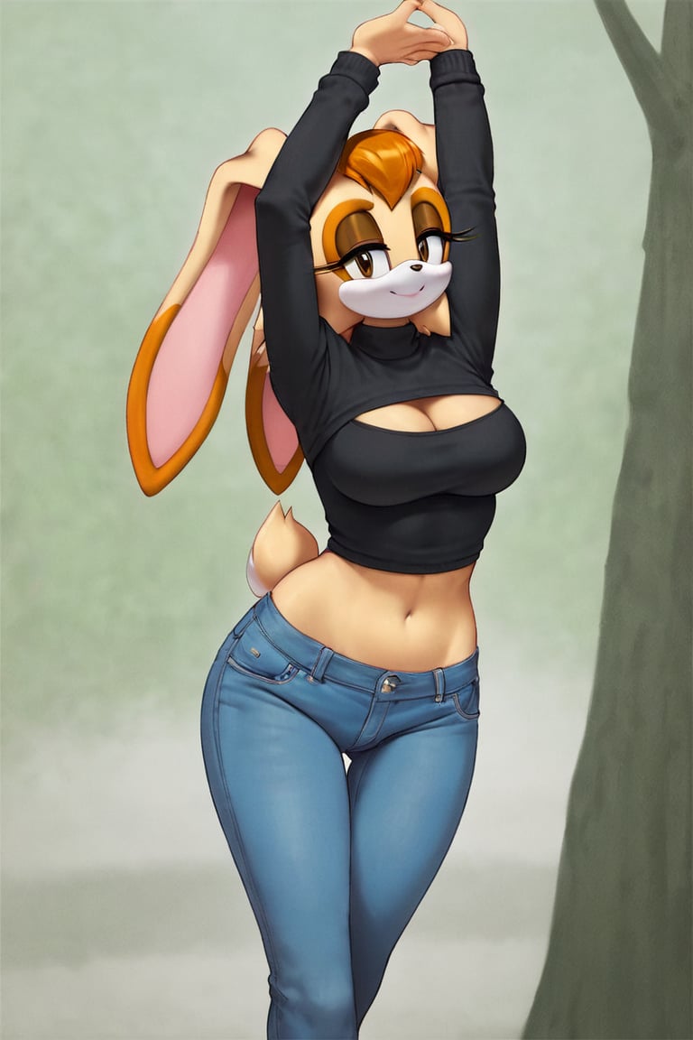 score_9, score_8_up, score_7_up, score_6_up, score_5_up, score_4_up, (Source sonic), (rating safe), vanilla the rabbit, 1girl, solo, outside, wearing blue jeans,  black sweater, shirt cutout, large breasts, brown eyes, looking at viewer, standing, outside, trees, fall weather,  , wide hips, rabbit girl, short hair, body fur, dynamic pose, anime style,flashing belly,cammystretch, stretching,leaning forward,arms up,stomach_punch, short jacket