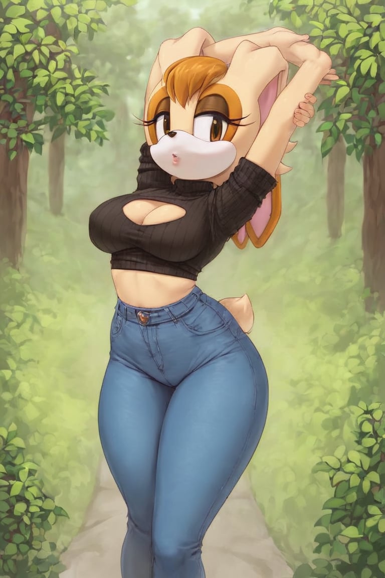 score_9, score_8_up, score_7_up, score_6_up, score_5_up, score_4_up, (Source sonic), (rating safe), vanilla the rabbit, 1girl, solo, outside, wearing blue jeans,  black sweater, shirt cutout, large breasts, brown eyes, looking at viewer, standing, outside, trees, fall weather,  , wide hips, rabbit girl, short hair, body fur, dynamic pose, anime style,flashing belly,cammystretch, stretching,leaning forward,arms up,skirt,belt