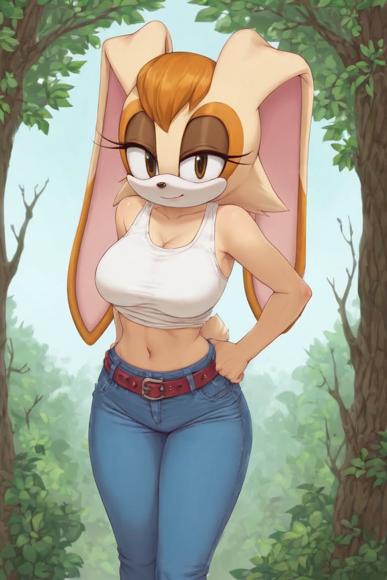 score_9, score_8_up, score_7_up, score_6_up, score_5_up, score_4_up, (Source sonic), (rating safe), vanilla the rabbit, 1girl, solo, outside, wearing blue jeans, white shirt, jacket, large breasts, brown eyes, looking at viewer, standing, outside, trees, fall weather,  , wide hips, rabbit girl, short hair, body fur, hands on hips, anime style,flashing belly,cammystretch, stretching,leaning forward,arms up,stomach_punch,skirt,belt