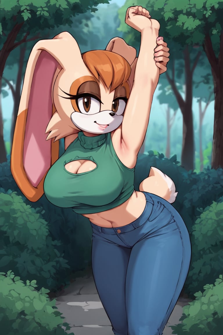 score_9, score_8_up, score_7_up, score_6_up, score_5_up, score_4_up, (Source sonic), (rating safe), vanilla the rabbit, 1girl, solo, outside, wearing blue jeans, green sweater, shirt cutout, large breasts, brown eyes, looking at viewer, standing, outside, trees, fall weather,  , wide hips, rabbit girl, short hair, body fur, dynamic pose, anime style,flashing belly,stomach_punch,cammystretch, stretching,leaning forward,arms up, RakkunVTSDXL