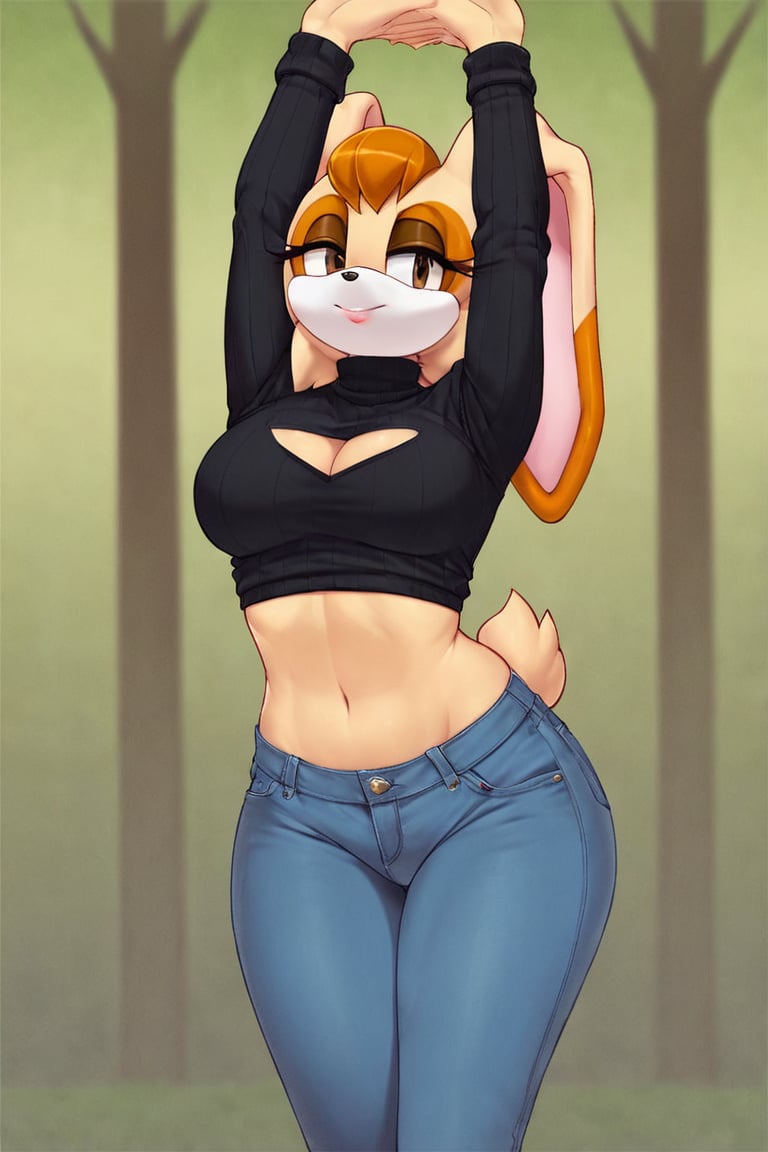 score_9, score_8_up, score_7_up, score_6_up, score_5_up, score_4_up, (Source sonic), (rating safe), vanilla the rabbit, 1girl, solo, outside, wearing blue jeans,  black sweater, shirt cutout, large breasts, brown eyes, looking at viewer, standing, outside, trees, fall weather,  , wide hips, rabbit girl, short hair, body fur, dynamic pose, anime style,flashing belly,cammystretch, stretching,leaning forward,arms up,stomach_punch, short jacket