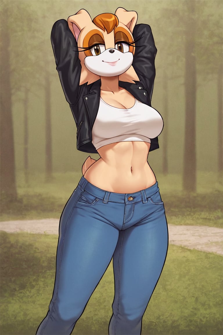 score_9, score_8_up, score_7_up, score_6_up, score_5_up, score_4_up, (Source sonic), (rating safe), vanilla the rabbit, 1girl, solo, outside, wearing blue jeans, white shirt, jacket, large breasts, brown eyes, looking at viewer, standing, outside, trees, fall weather,  , wide hips, rabbit girl, short hair, body fur, hands on hips, anime style,stomach_punch,arms up,cammystretch, stretching,flashing belly