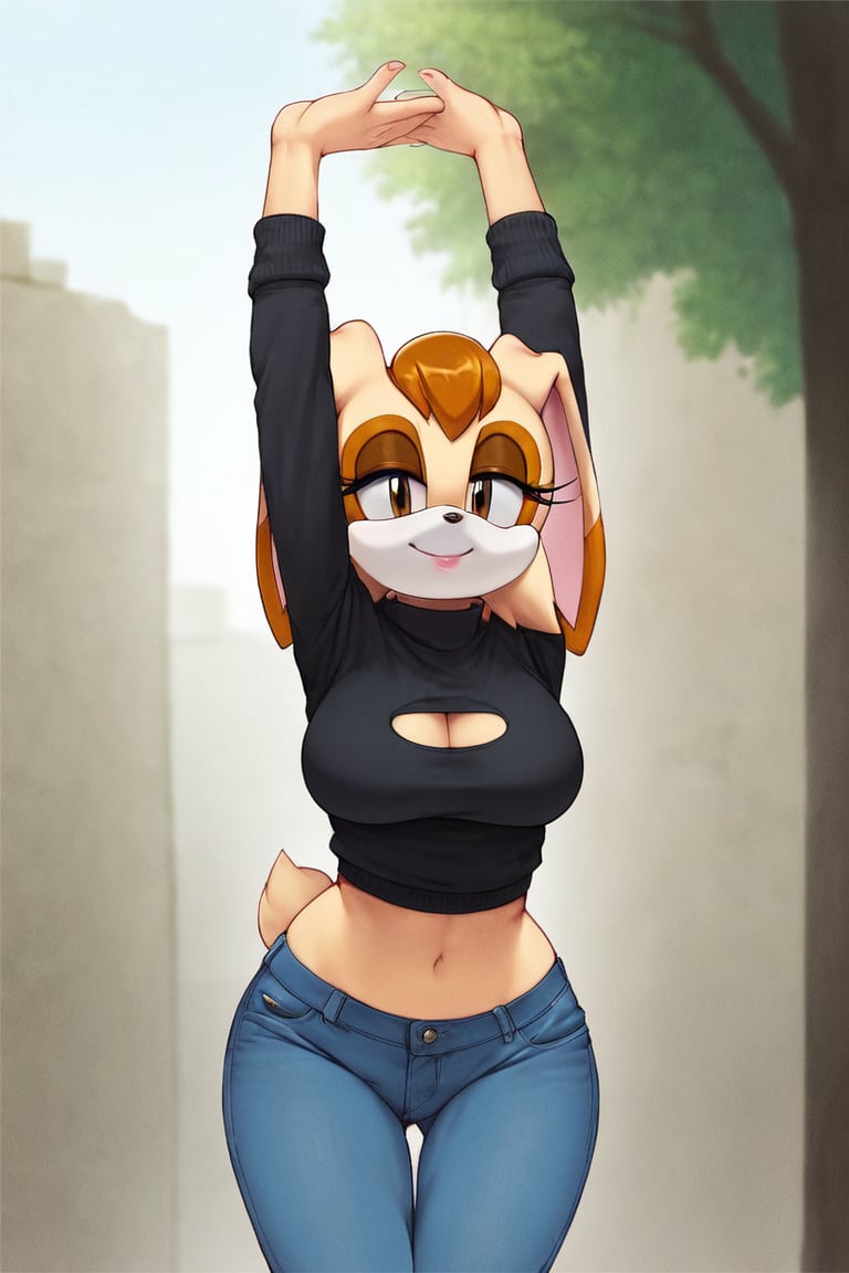 score_9, score_8_up, score_7_up, score_6_up, score_5_up, score_4_up, (Source sonic), (rating safe), vanilla the rabbit, 1girl, solo, outside, wearing blue jeans,  black sweater, shirt cutout, large breasts, brown eyes, looking at viewer, standing, outside, trees, fall weather,  , wide hips, rabbit girl, short hair, body fur, dynamic pose, anime style,flashing belly,cammystretch, stretching,leaning forward,arms up,stomach_punch, short jacket