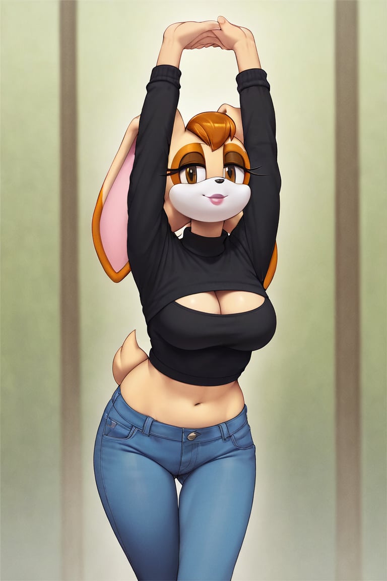 score_9, score_8_up, score_7_up, score_6_up, score_5_up, score_4_up, (Source sonic), (rating safe), vanilla the rabbit, 1girl, solo, outside, wearing blue jeans,  black sweater, shirt cutout, large breasts, brown eyes, looking at viewer, standing, outside, trees, fall weather,  , wide hips, rabbit girl, short hair, body fur, dynamic pose, anime style,flashing belly,cammystretch, stretching,leaning forward,arms up,stomach_punch, short jacket