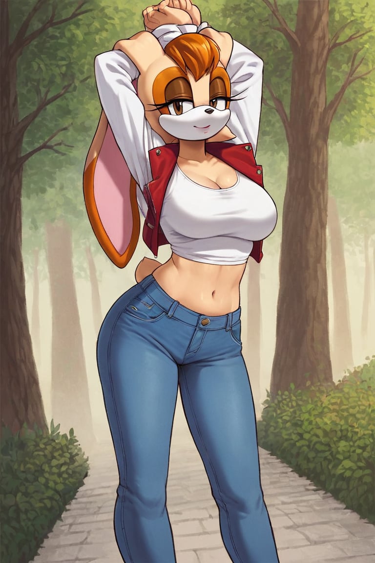 score_9, score_8_up, score_7_up, score_6_up, score_5_up, score_4_up, (Source sonic), (rating safe), vanilla the rabbit, 1girl, solo, outside, wearing blue jeans, white shirt, jacket, large breasts, brown eyes, looking at viewer, standing, outside, trees, fall weather,  , wide hips, rabbit girl, short hair, body fur, hands on hips, anime style,stomach_punch,arms up,cammystretch, stretching,flashing belly