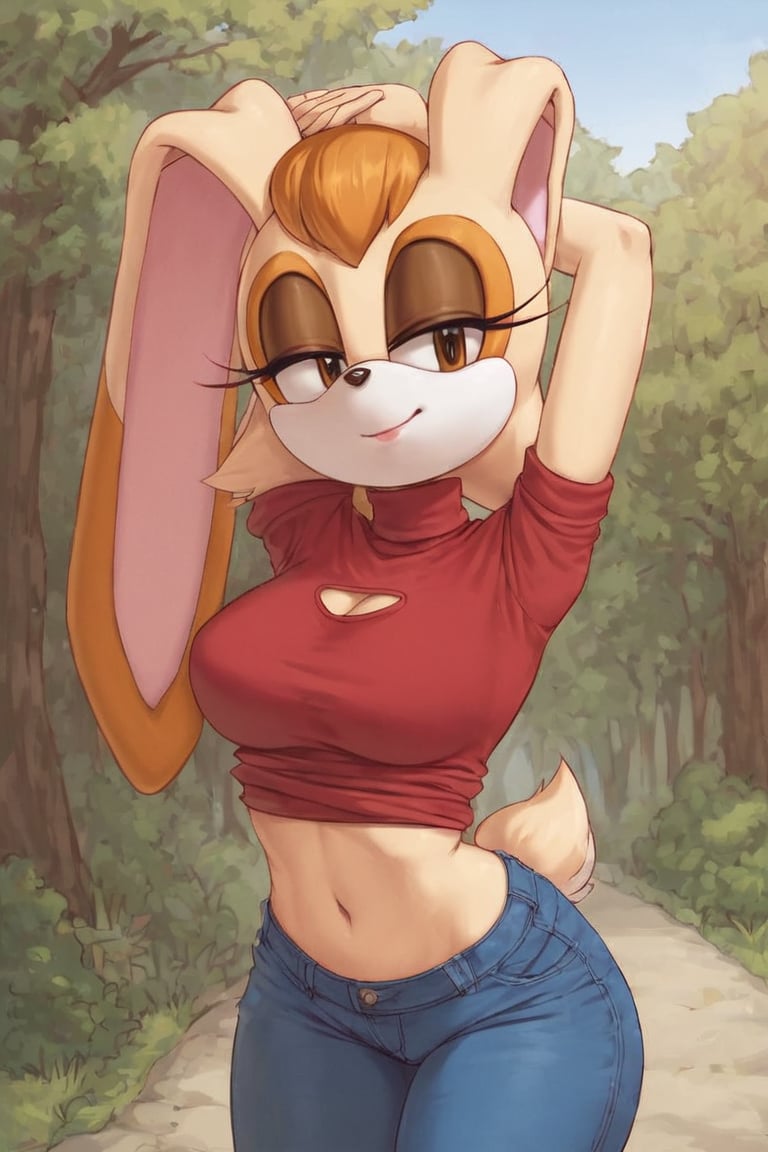 score_9, score_8_up, score_7_up, score_6_up, score_5_up, score_4_up, (Source sonic), (rating safe), vanilla the rabbit, 1girl, solo, outside, wearing blue jeans, red sweater, shirt cutout, large breasts, brown eyes, looking at viewer, standing, outside, trees, fall weather,  , wide hips, rabbit girl, short hair, body fur, dynamic pose, anime style,flashing belly,stomach_punch,cammystretch, stretching,leaning forward,arms up