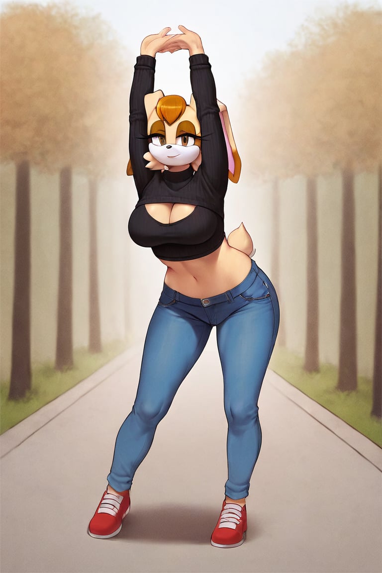 score_9, score_8_up, score_7_up, score_6_up, score_5_up, score_4_up, (Source sonic), (rating safe), vanilla the rabbit, 1girl, solo, outside, wearing blue jeans,  black sweater, shirt cutout, large breasts, brown eyes, looking at viewer, standing, outside, trees, fall weather,  , wide hips, rabbit girl, short hair, body fur, dynamic pose, anime style,flashing belly,cammystretch, stretching,leaning forward,arms up,stomach_punch, short jacket